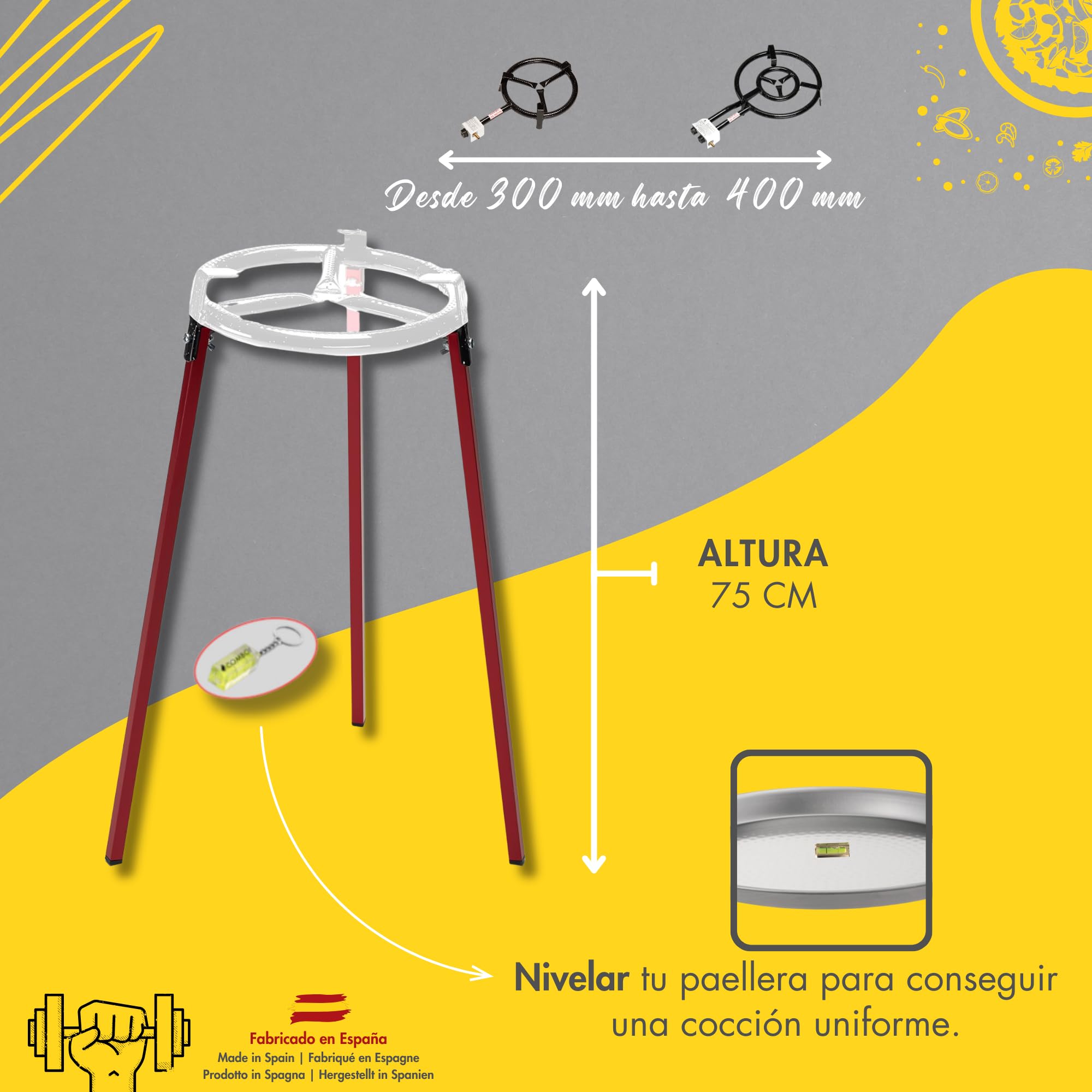 COMBOI Paellero gas butano 40 cm, paellera esmaltada de 46 cm,paella Kit Quemador, Regulador de gas, Manguera, Patas Soporte, nivel, delantal, Libro de Recetas digital