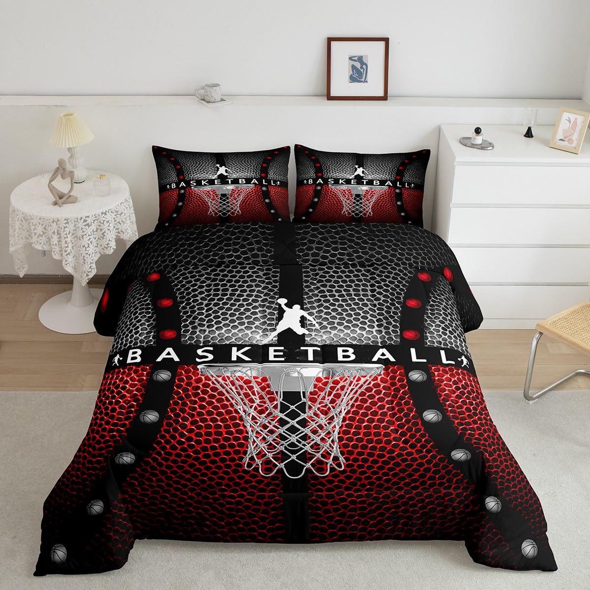 Feelyou Basketball Comforter King Size Basketball Gaming Bedding Set Basketball Frame Black with Red Comforter Set for Kids Boys Girls Sports Game Duvet Set Quilt King Size Boys
