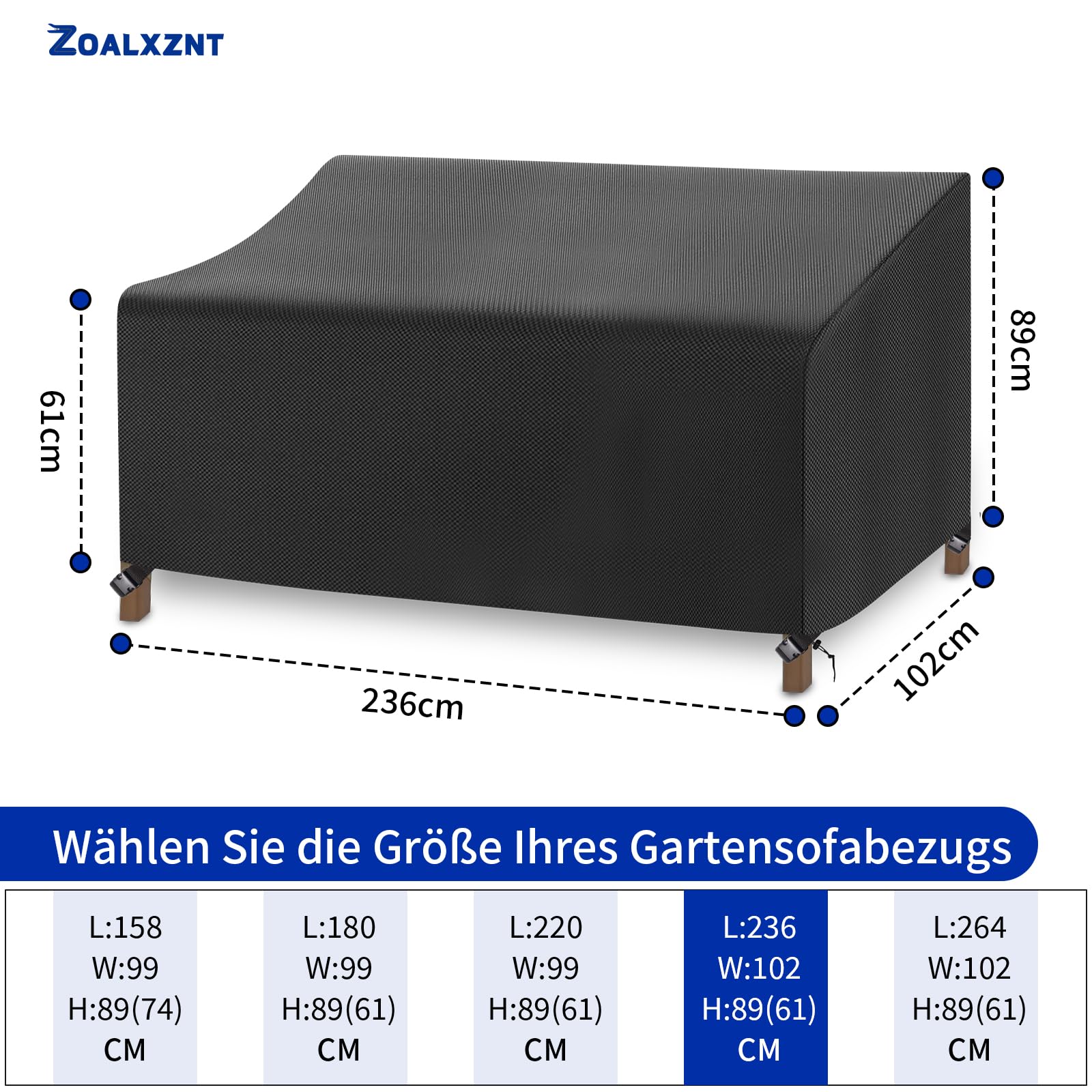 Gartensofa Abdeckung Wasserdicht, Outdoor Sofa Schutzhülle mit Kordelzug und 4 Schnappverschlussgurte, Gartensofa Abdeckplane Winddicht Anti-Uv, 420D Oxford-Stoff (236*102*61/89cm,Schwarz)