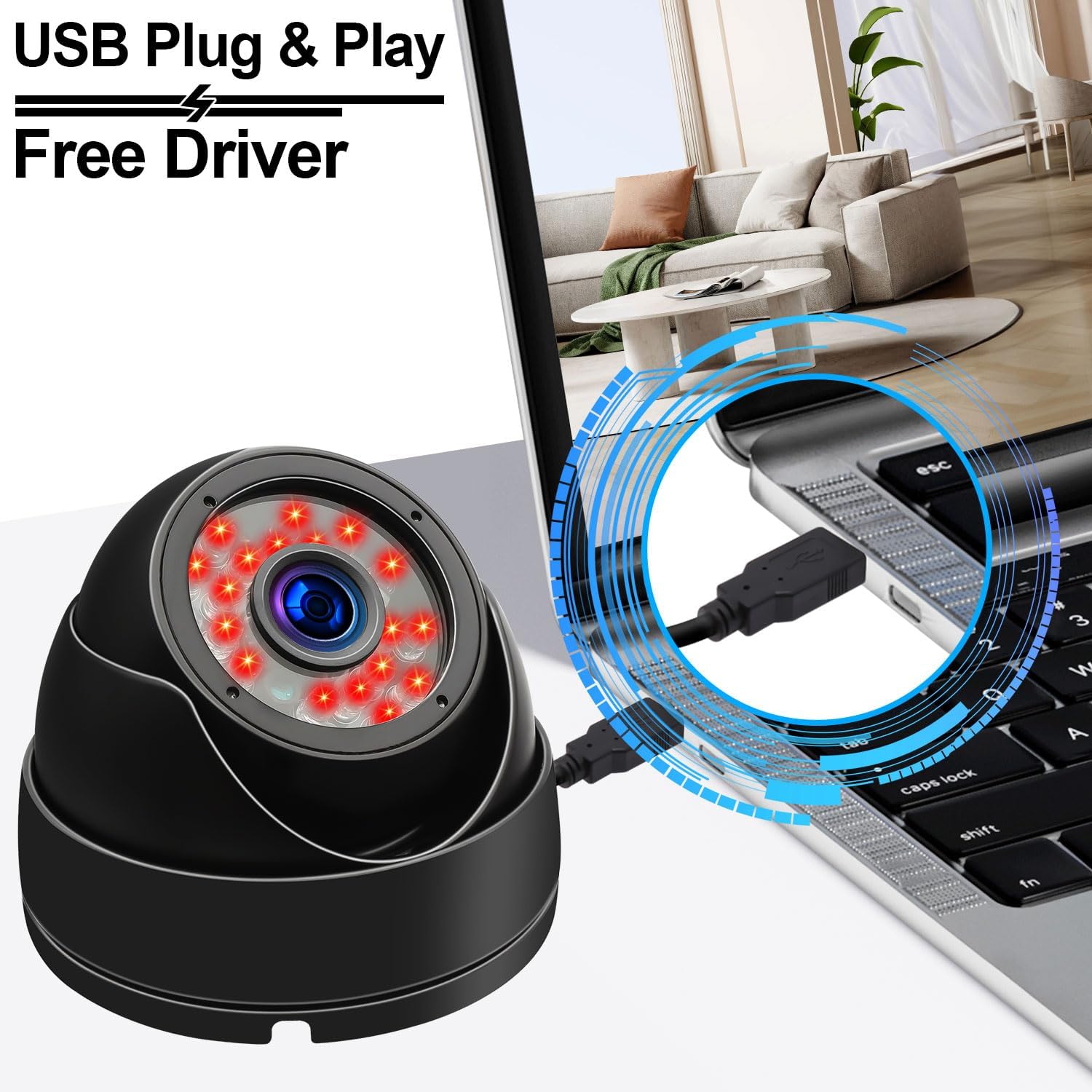 MMlove 2MP USB Dome Camera 1080P 30FPS Night Vision Security Camera Waterproof 3.6mm Wide Angle with IR Cut & IR LED USB Surveillance Security Camera Plug&Play Outdoor Indoor Metal Housing PC Webcam