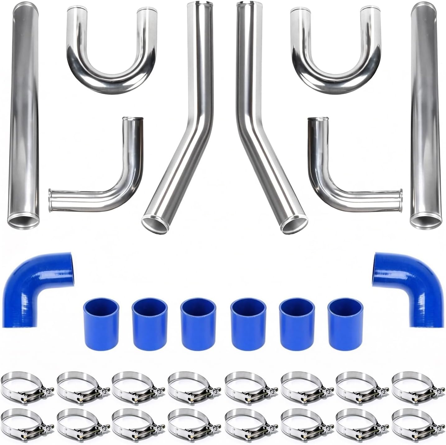 8Pcs 2.5" Inch Turbo Intercooler Piping Kit, 600MM DIY Universal Polished Custom Aluminum Intercooler Piping Intercooler Pipe Kit with High Quality Stainless Steel T-Clamps - Blue