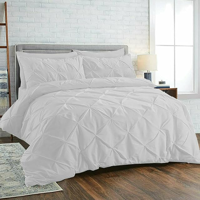 Diamond Pleated Pintuck Duvet Cover Set with Pillow Cases 100% Cotton Bedding Quilt Covers Bed Sets Single Double King Super King Size (White, King)