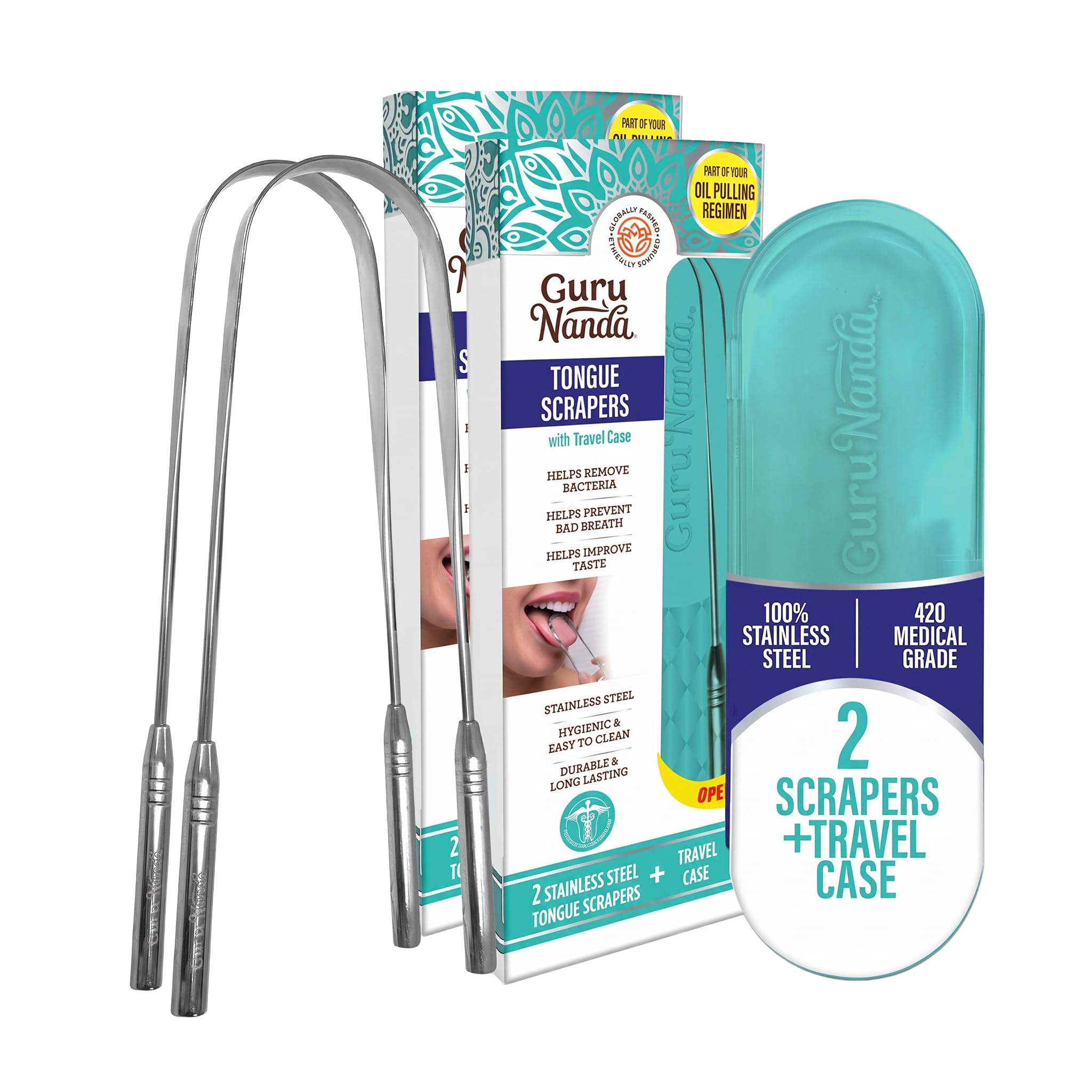 GuruNanda Tongue Scraper for Adults (4 Pack) with Travel Case, 420 Medical-Grade 100% Stainless Steel Tongue Cleaner, Aids in Fresh Breath &amp; Oral Care