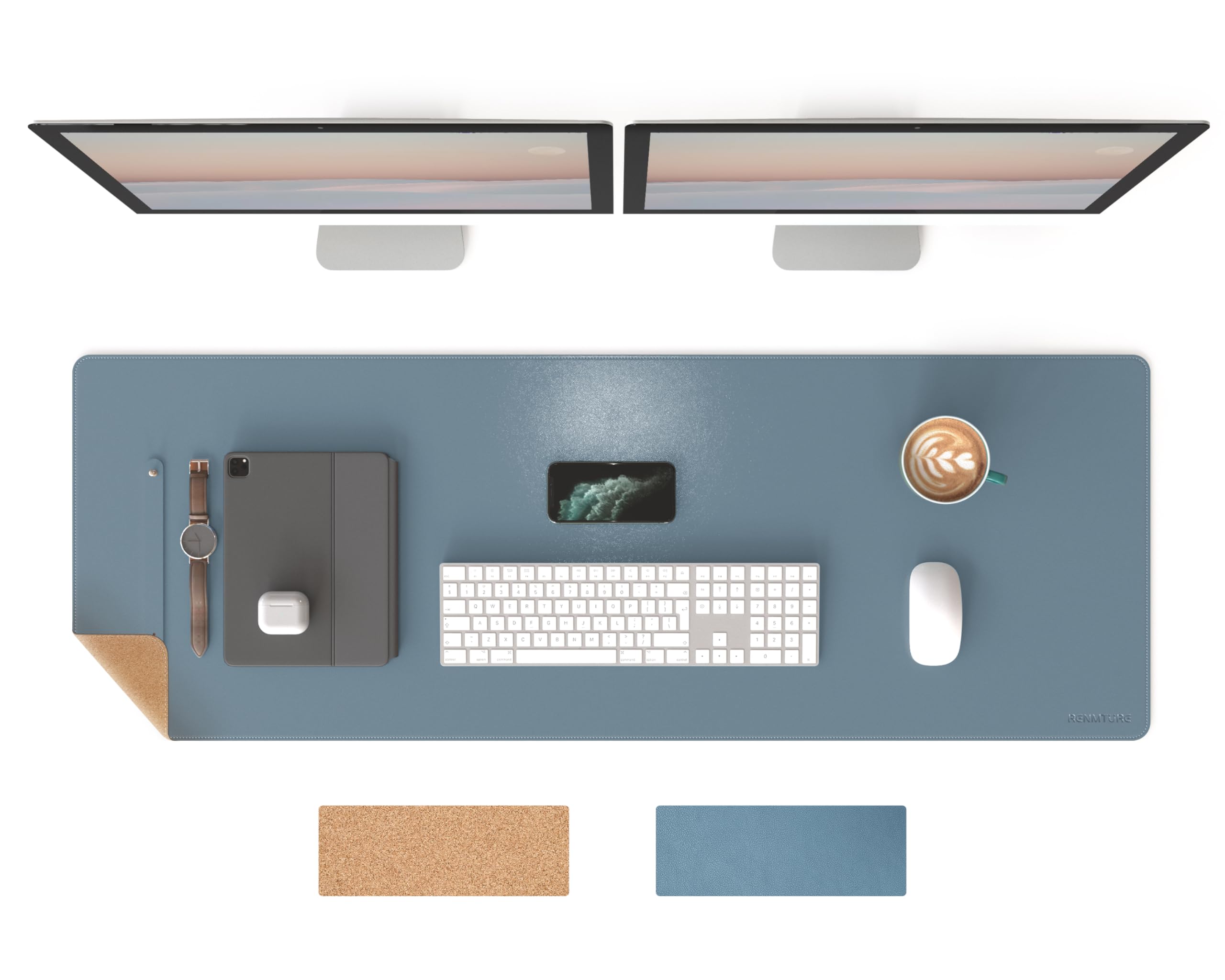 RENMTURE Dual-Sided Mouse Pad, Natural Cork & PU Leather Large Desk Pad for Office and Home Work, Desk Protector Non-Slip, Waterproof, Easy Clean (Blue Gray,47"x17")