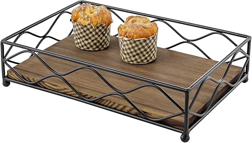 Miniatura 1 de MyGift Bandeja decorativa rústica para servir, madera quemada, bandeja de exhibición de alambre de metal negro mate con patas redondeadas