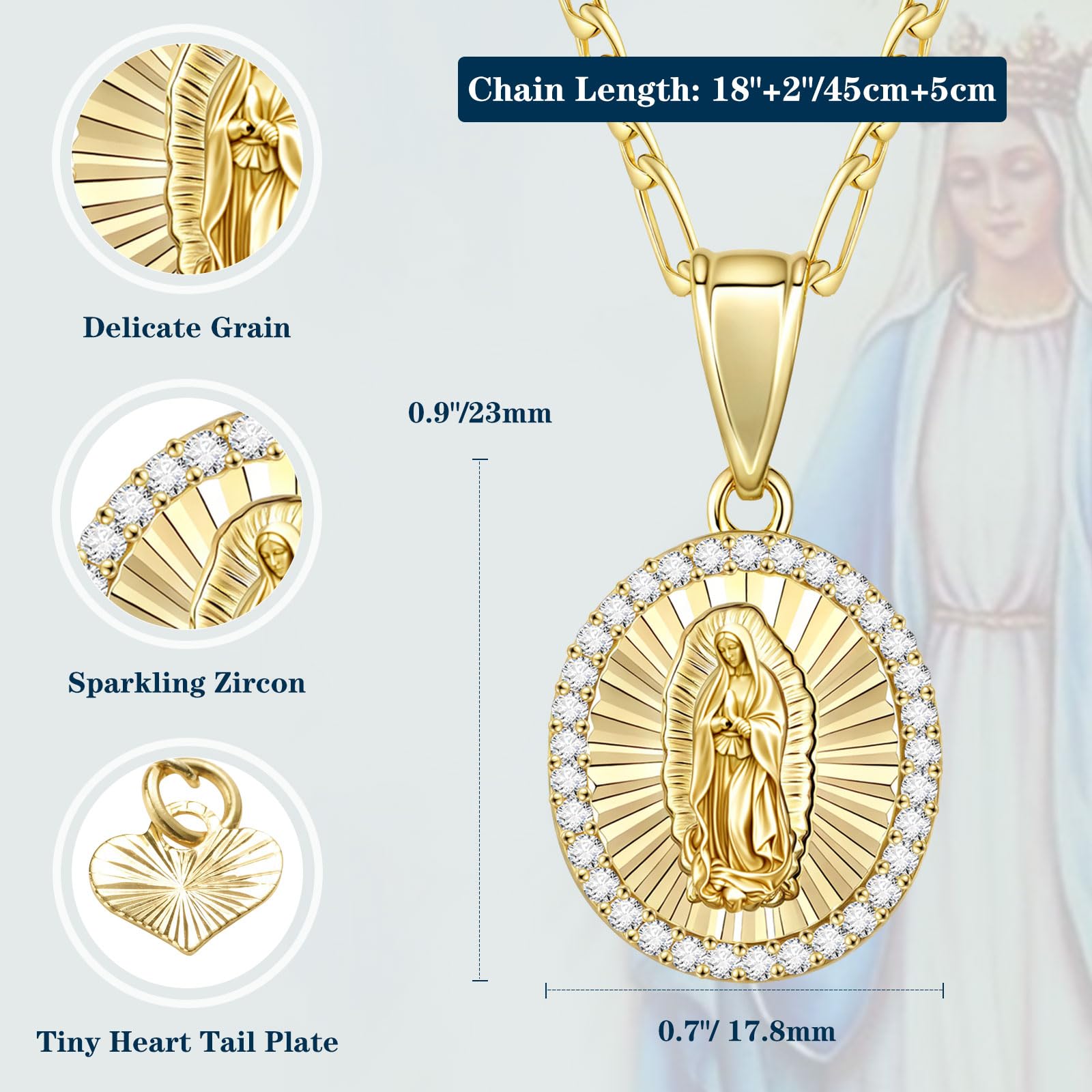 Hisatan Collier Mariner/Marina plaqué or 18 carats, collier Vierge Marie Guadalupe 2, laiton, sans pierre précieuse, laiton