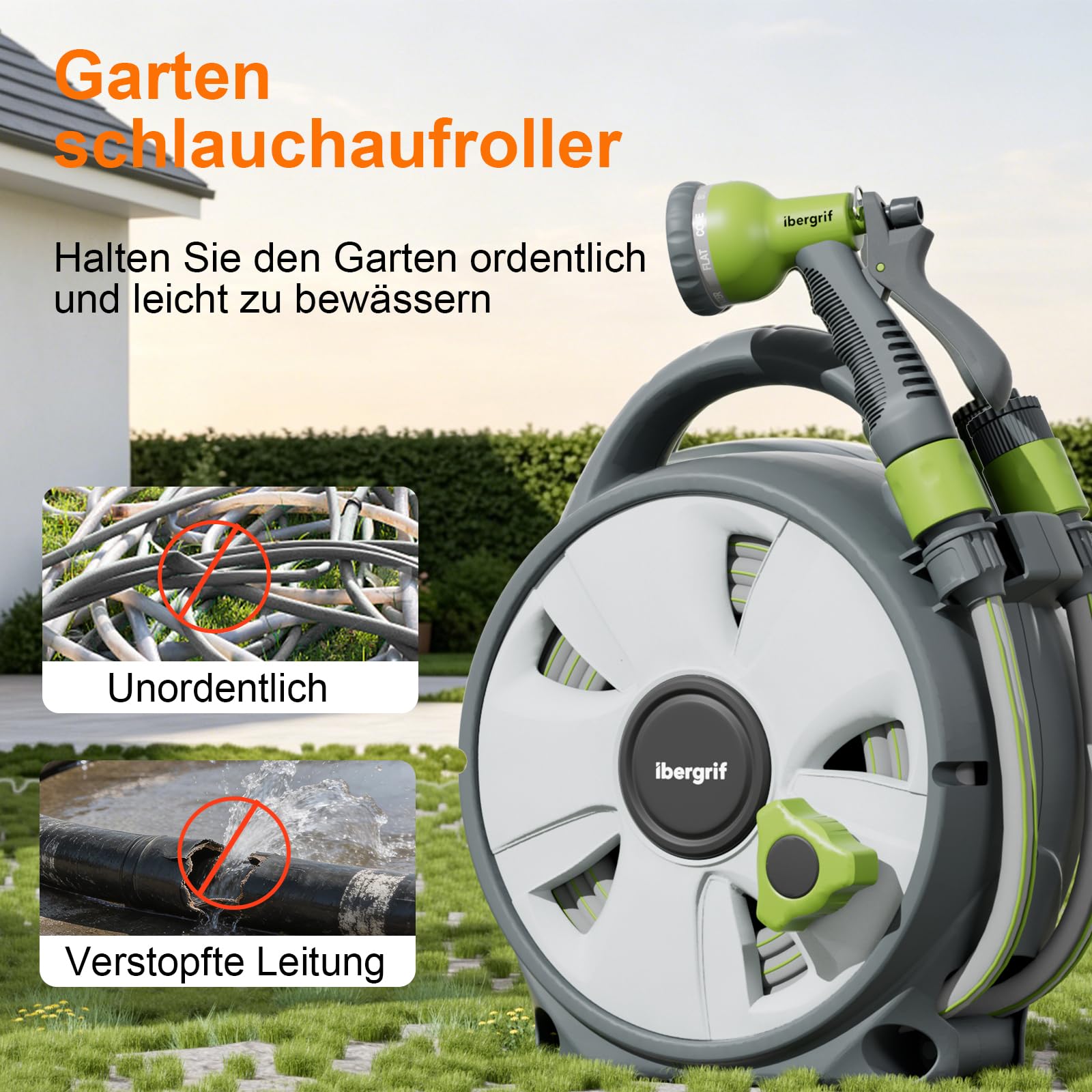 Ibegrif M22220 Schlauchtrommel mit 10 m Wasserschlauch und Multifunktionsbrause, schwarz/grün