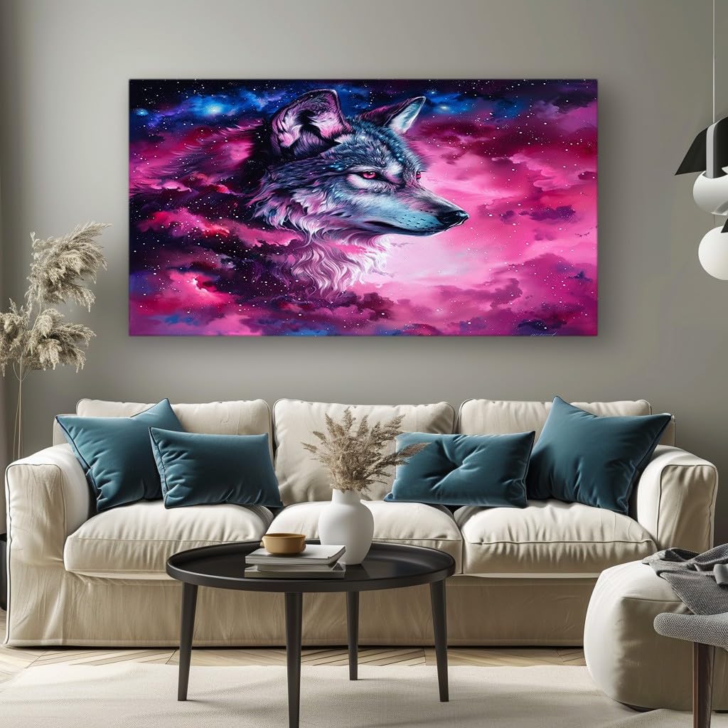 MKBKLI Abstract Canvas Wall Art for Living Room Purple Starry Wolf Paintings for Bedroom, Office, Kitchen - Home Decor Pictures, 50x100cm