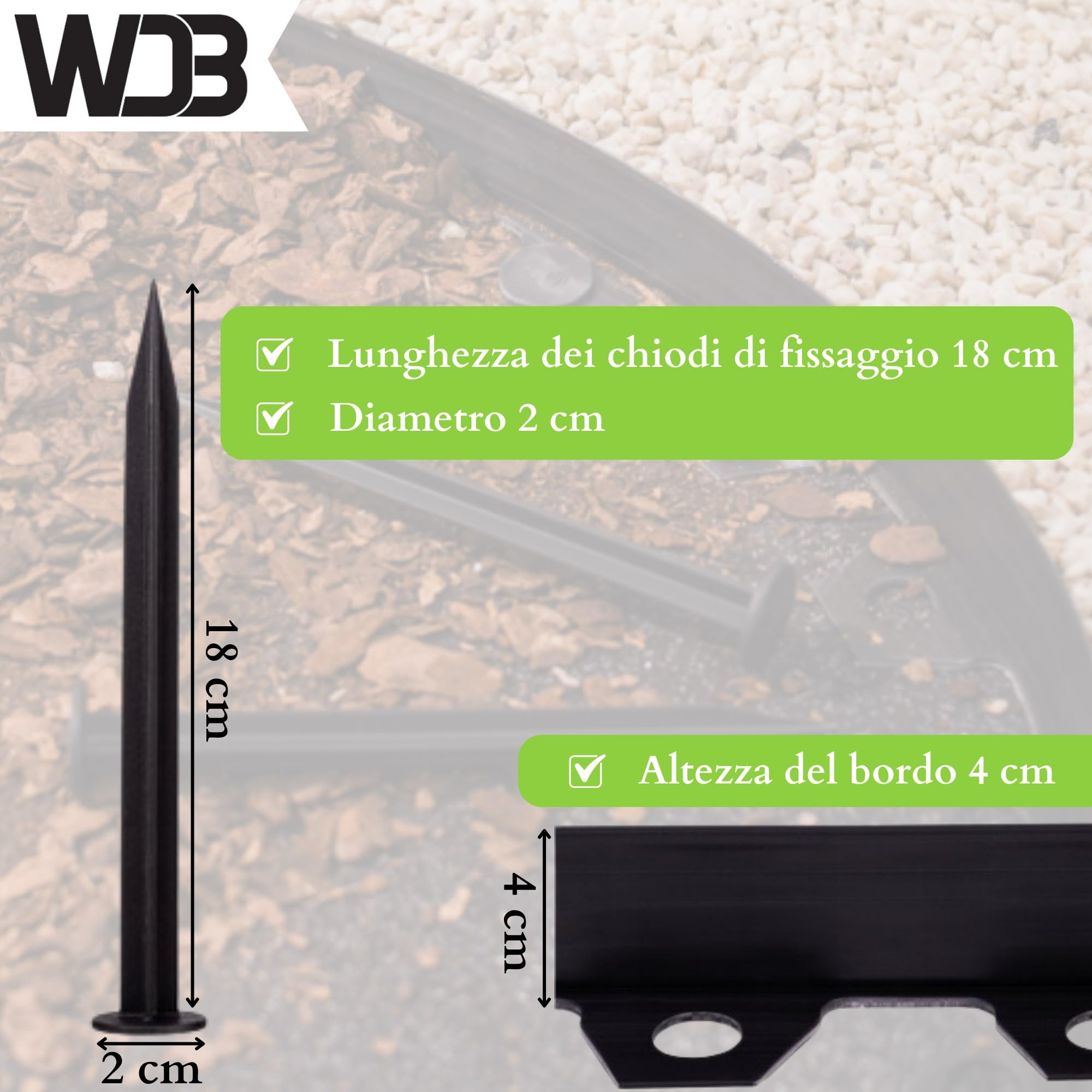 WDB Bordo flessibile in plastica, lunghezza 10 m, altezza 4 cm, con 20 chiodi di fissaggio, colore nero, RAL 9005