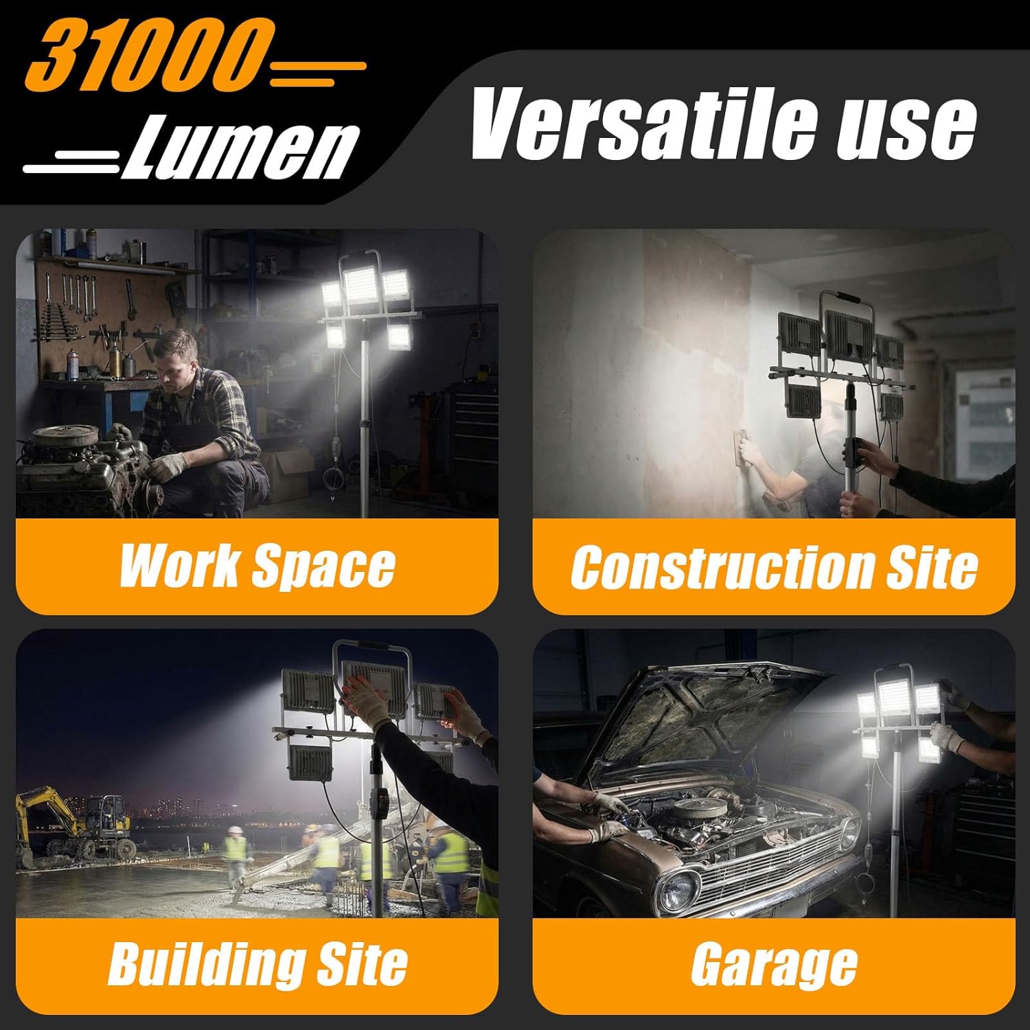 31000Lumen LED Work Light 260w with Tripod Stand Work Lights 5 Head Portable Work Light with Anti-Glare Lenses,19.7ft Power Cord, Height Adjustable, IP66 for Job Site, Garage, Outdoor Use
