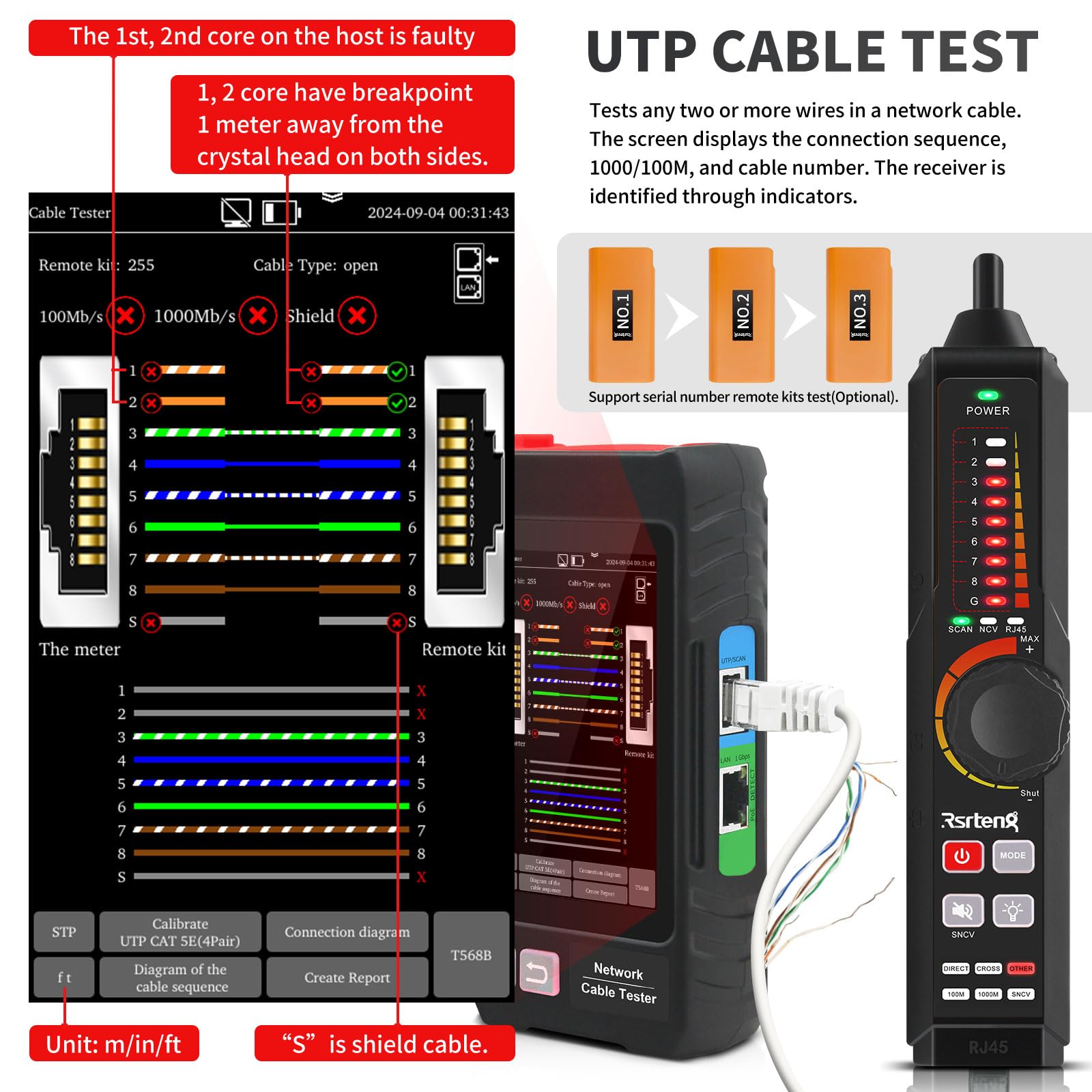 Tester multifunzione per cavi di rete, tester per cavi Ethernet UTP, tracciatore di cavi, tester di rete touch screen IPS ricaricabile da 4 pollici, test POE, RJ45 TDR, lunghezza, strumenti di rete IP
