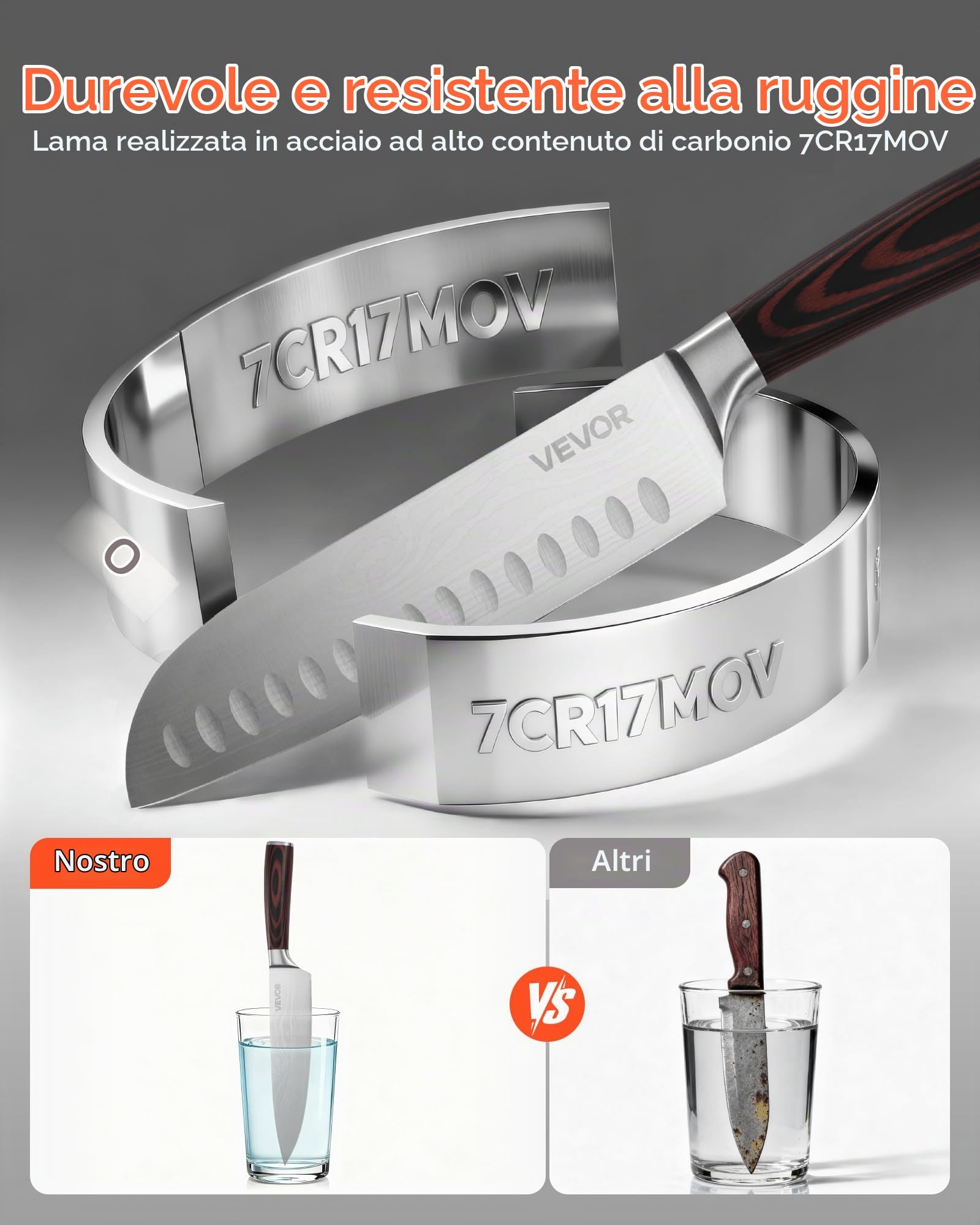VEVOR Set Coltelli da Cucina con Ceppo e Acciaino Universale da 15 Pezzi, Coltelli Affilati in Acciaio Inossidabile ad Alto Tenore di Carbonio, Coltello da Cucina con Impugnatura Ergonomica