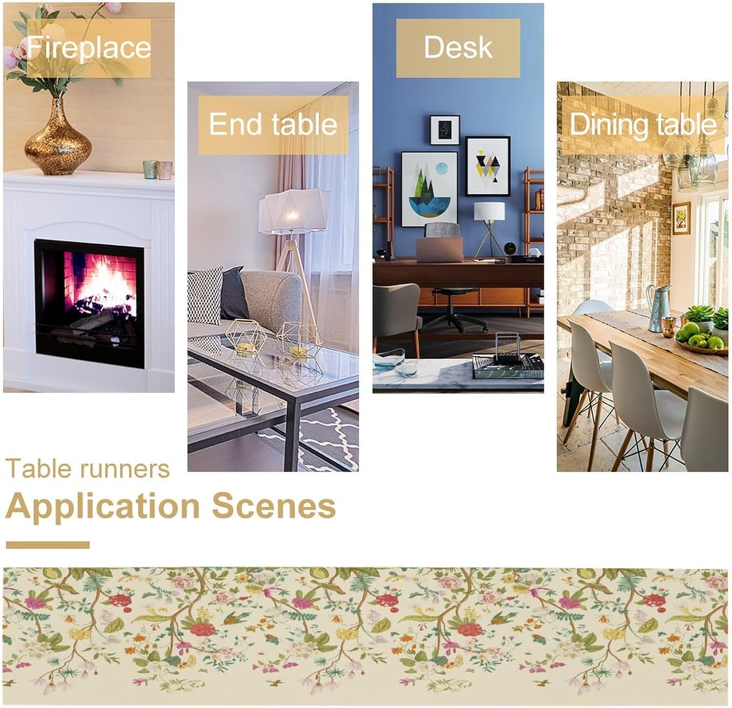 Floral Table Runner, Vintage Birds Wildflowers Herbs Nature Theme Linen Long Table Kitchen Dining Table Holiday Party Decorative Table Runner,13in（33cm） W * 120in（305cm） L