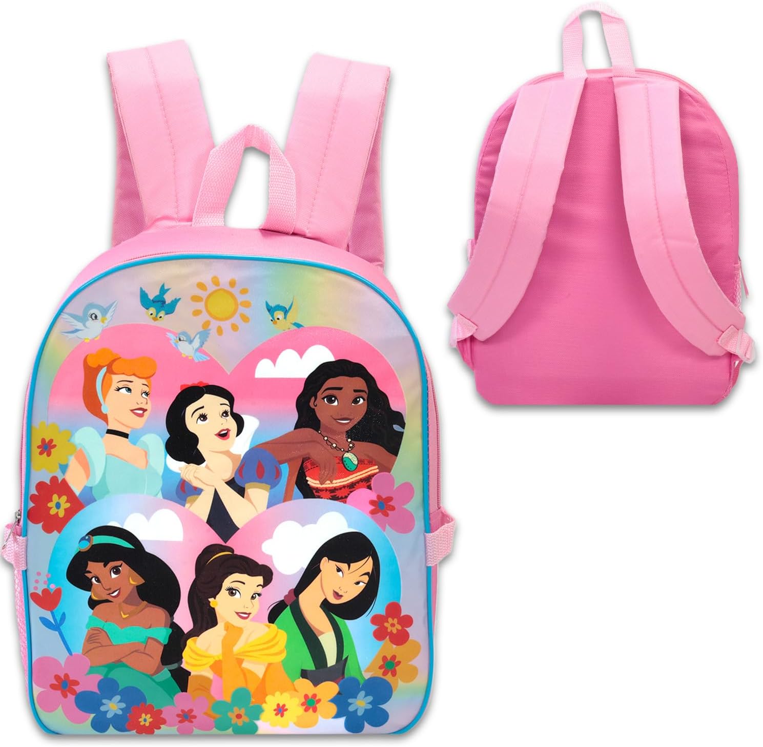 Disney Princess Backpack with Lunch Box Set - Bundle with Backpack & Lunch Bag Featuring Ariel, Cinderella, Snow White, Moana, More Plus Stickers, Water Bottle | Disney Princess School Bag for Girls