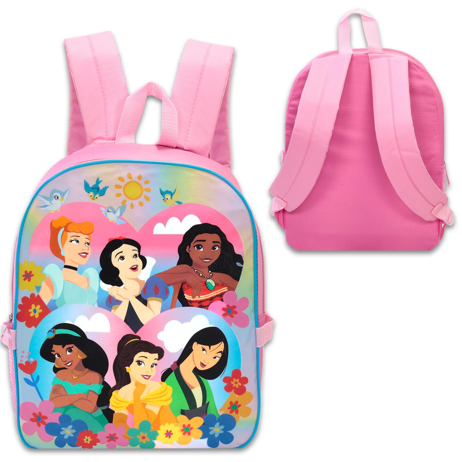 Disney Zaino con portapranzo da principessa, set con zaino e borsa per il pranzo con Ariel, Cenerentola, Biancaneve, Moana, altri adesivi, bottiglia d'acqua, zaino per la scuola per ragazze Disney