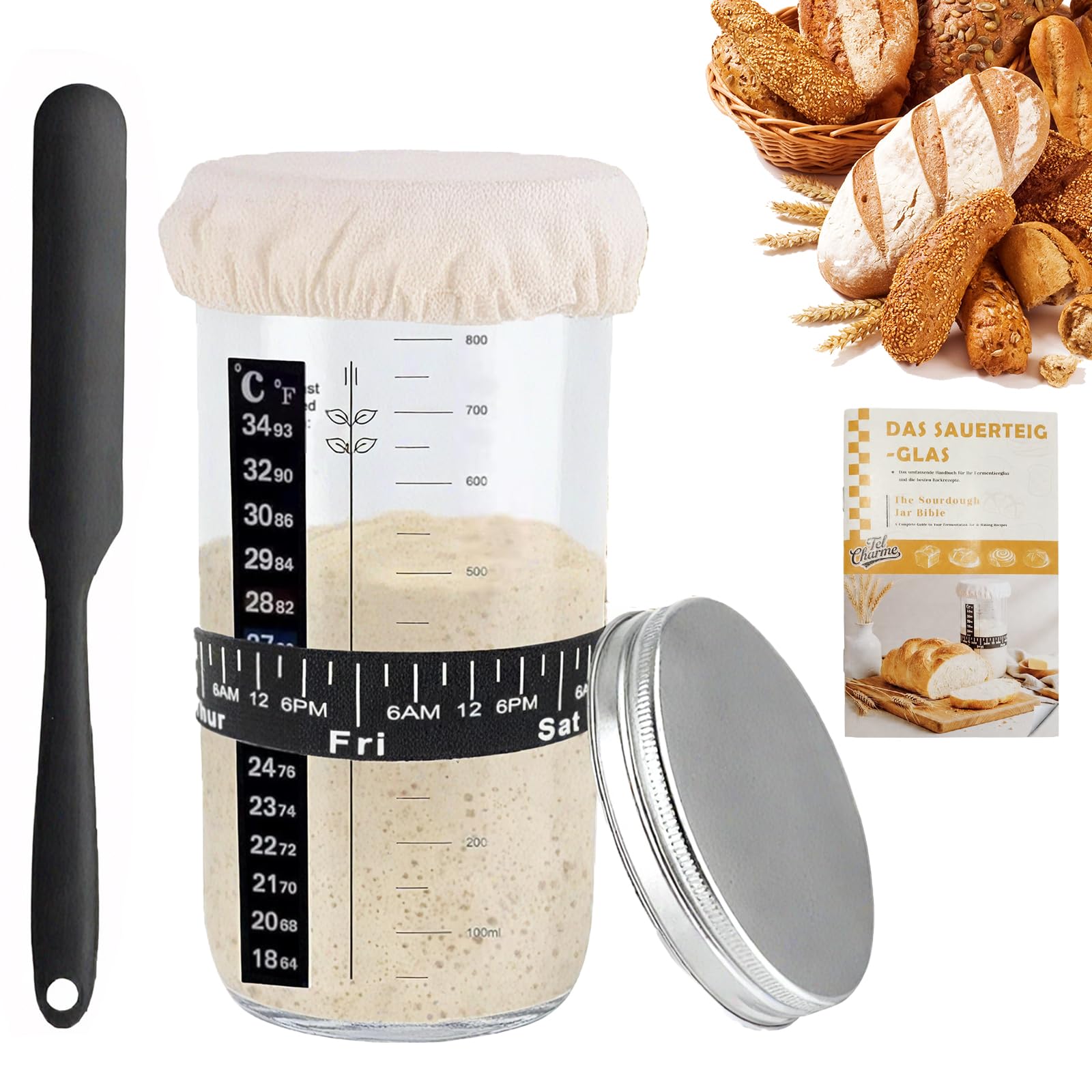 Tel Charme * Sauerteig Starter Jar Kit 1000ml Gärglas mit Spatel, Sauerteig Glas, Sauerteig Starterglas, Sourdough Starter Set, Anstellgut Glas Behälter, Reusable Brot Backen Zubehör