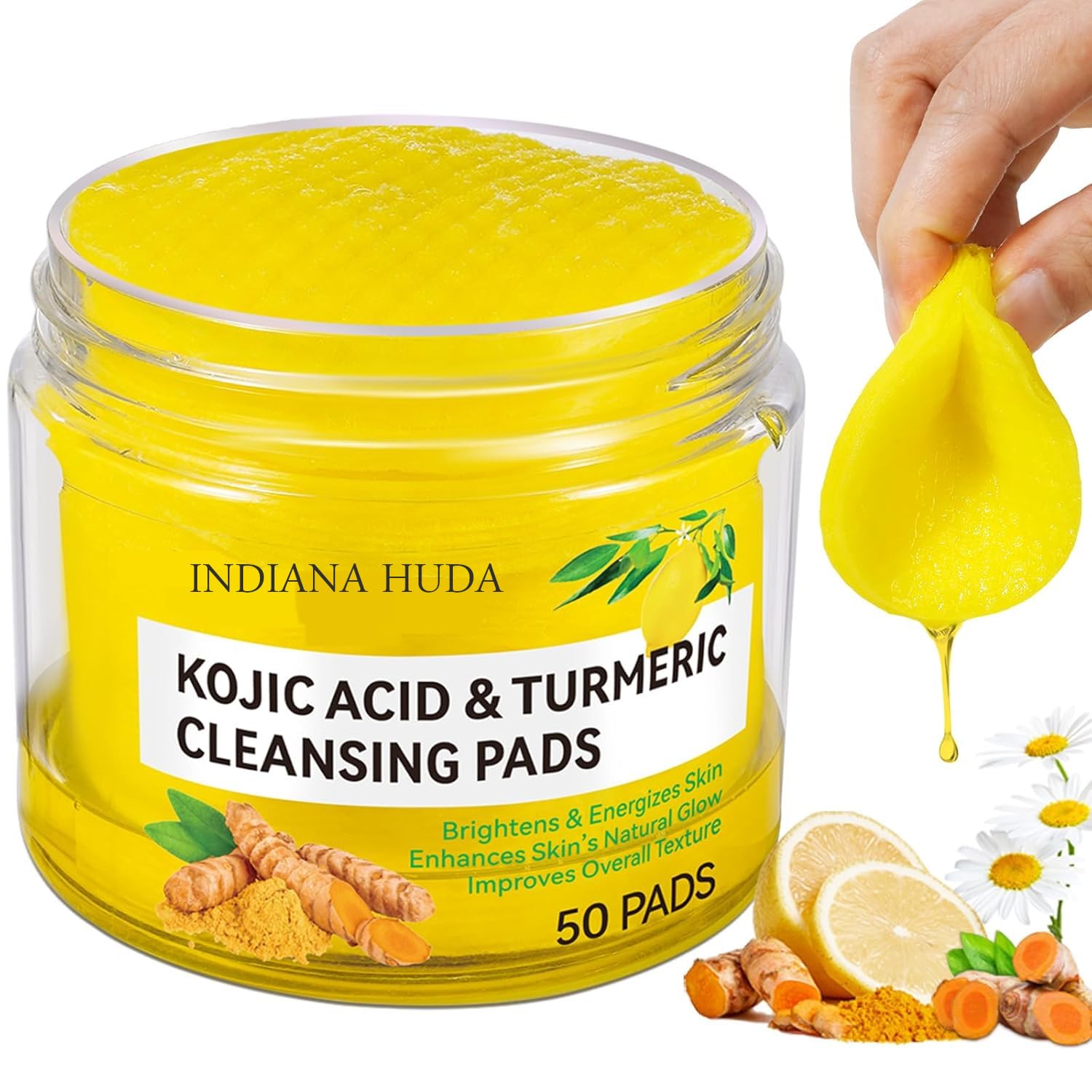 Indiana Huda Kojic Acid and Turmeric Cleansing Pads, 50 pieces | Brightening and Energizing Facial Pads|Vitamic C Enriched|For Glowing Skin|Deep Cleaning Effect|Natural Healing Properties|For All Skin Types-image-19