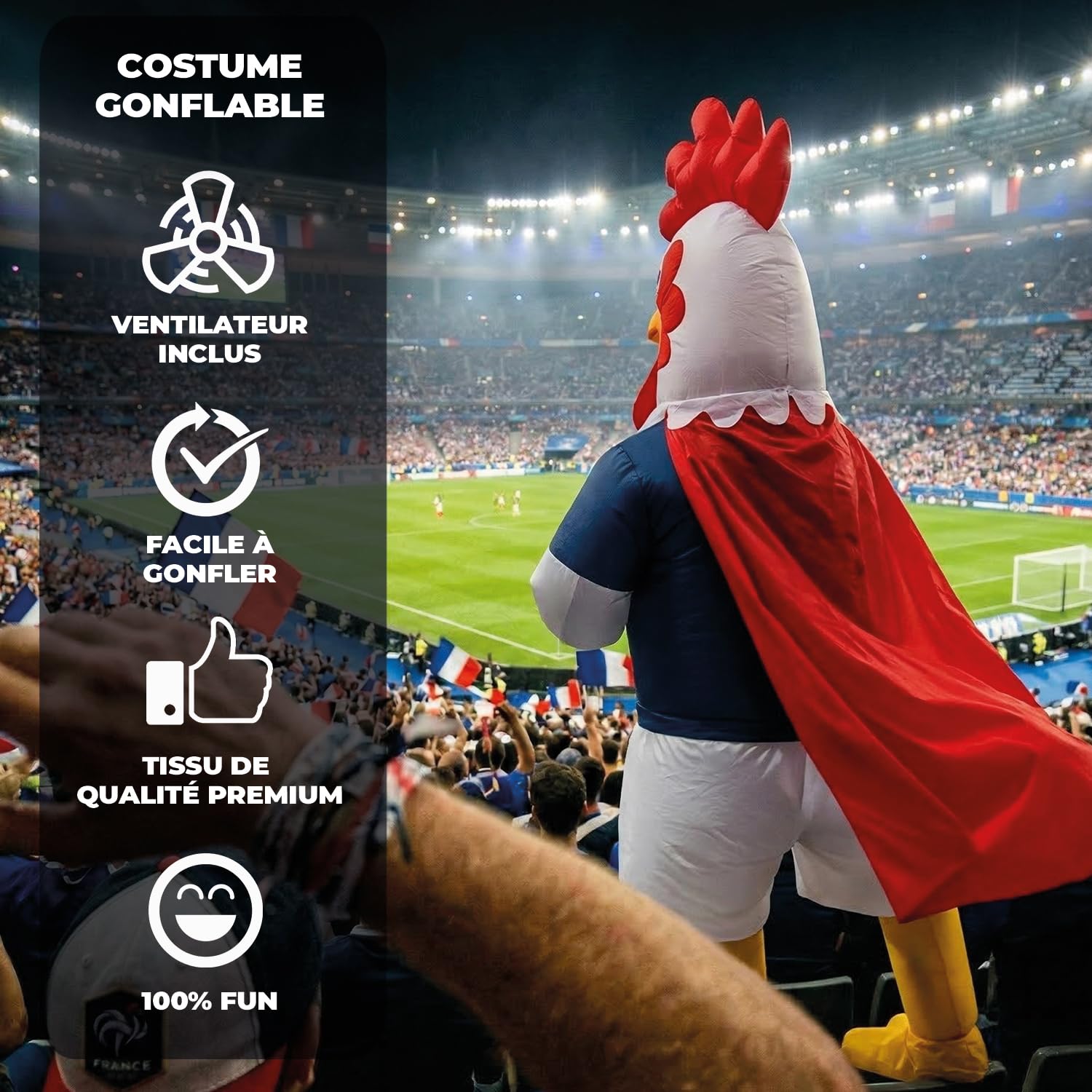 AirSuit® Déguisement Gonflable Supporter Coq Français | Costume Insolite taille Adulte | En Polyester très Résistant - Agréable à Porter | Système de Gonflage Inclus | OriginalCup®