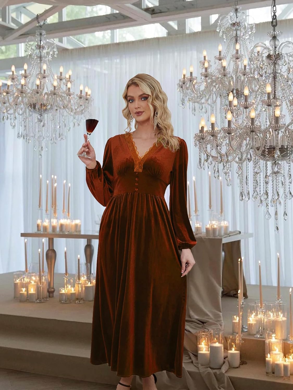 Women's Velvet Maxi Dress Elegant V Neck Lace Trim Smocked Waist Formal Wedding Guest Dresses with Pockets - Image 2