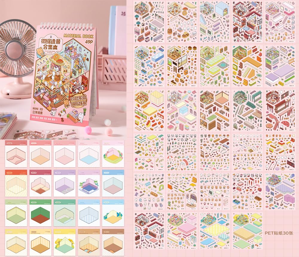 20 Set Fun DIY 3D House Stickers DIY Sticker Scene Collection Book for Kids Make Your Own Bookshop,Coffee Town,Xiaomao Flower Shop Therapy for Adult for Relief Stress Pass The Time - Image 3