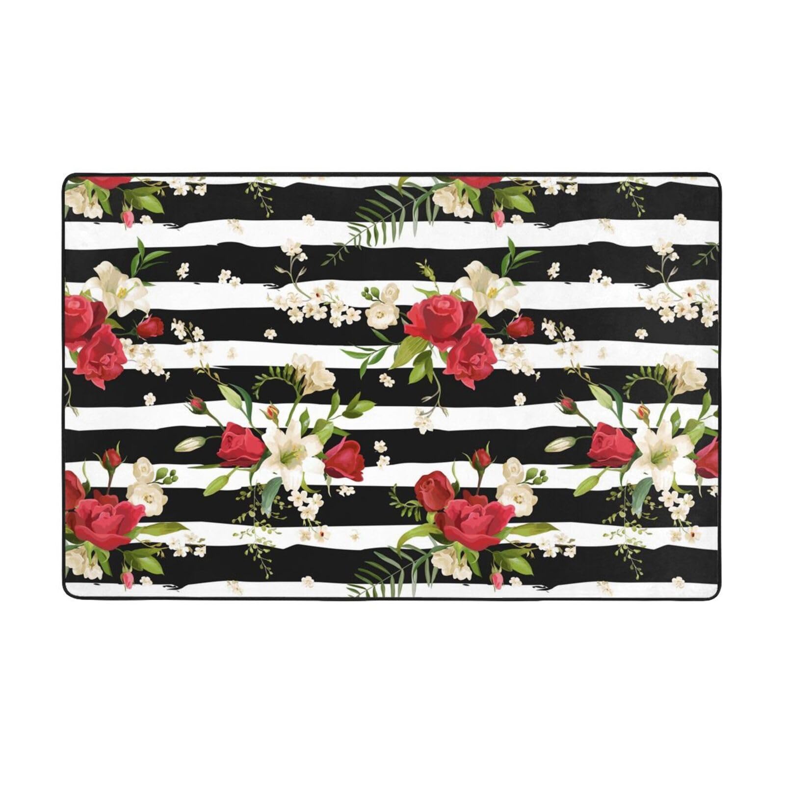 Tapis de salon lavable et antidérapant rayé noir et blanc 150x100 cm