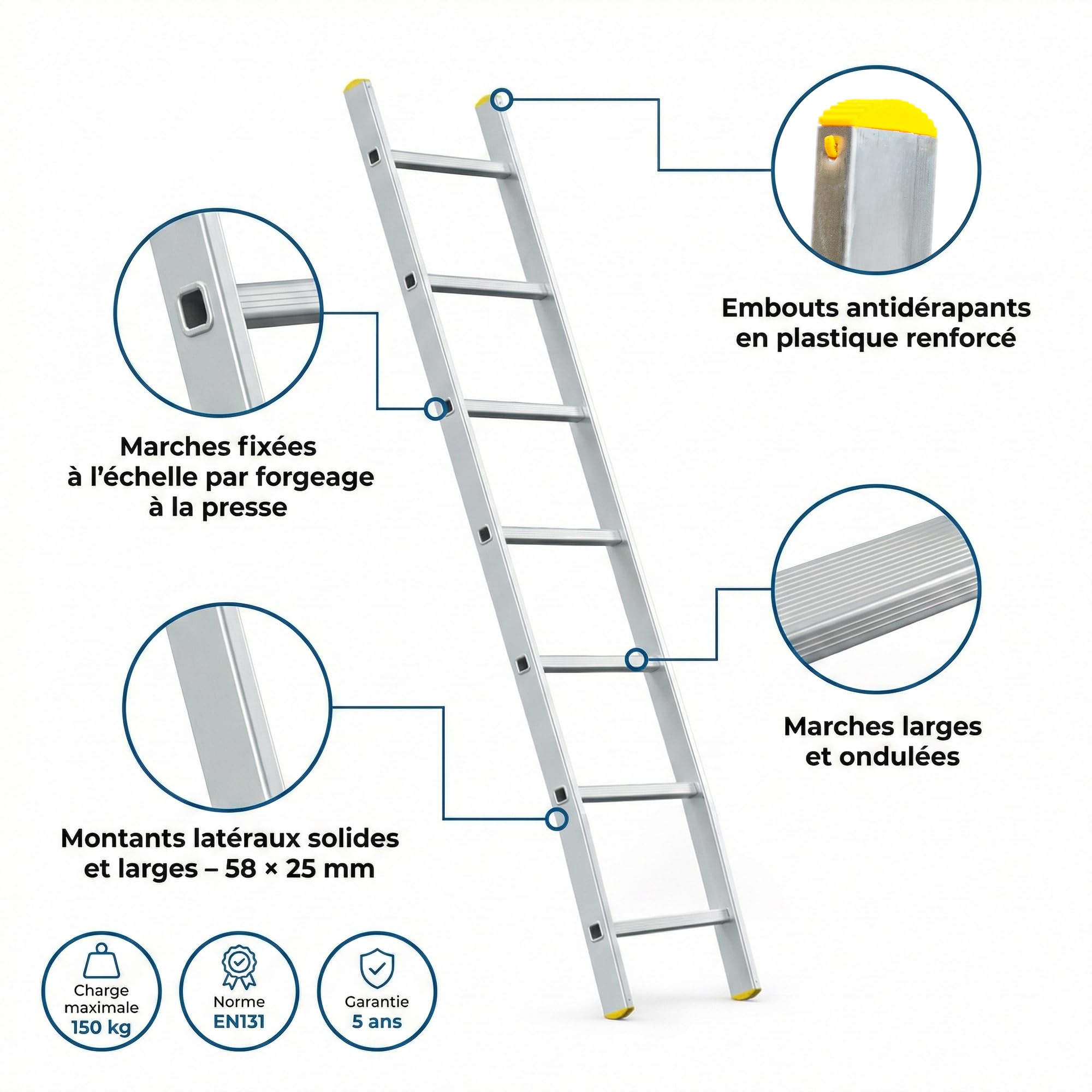 HOSTRÖM Echelle Simple StablePro 7 marches en Aluminium, légère et Durable, Hauteur de Travail maximale 2,95m, Garantie 5 Ans, Charge maximale 150kg