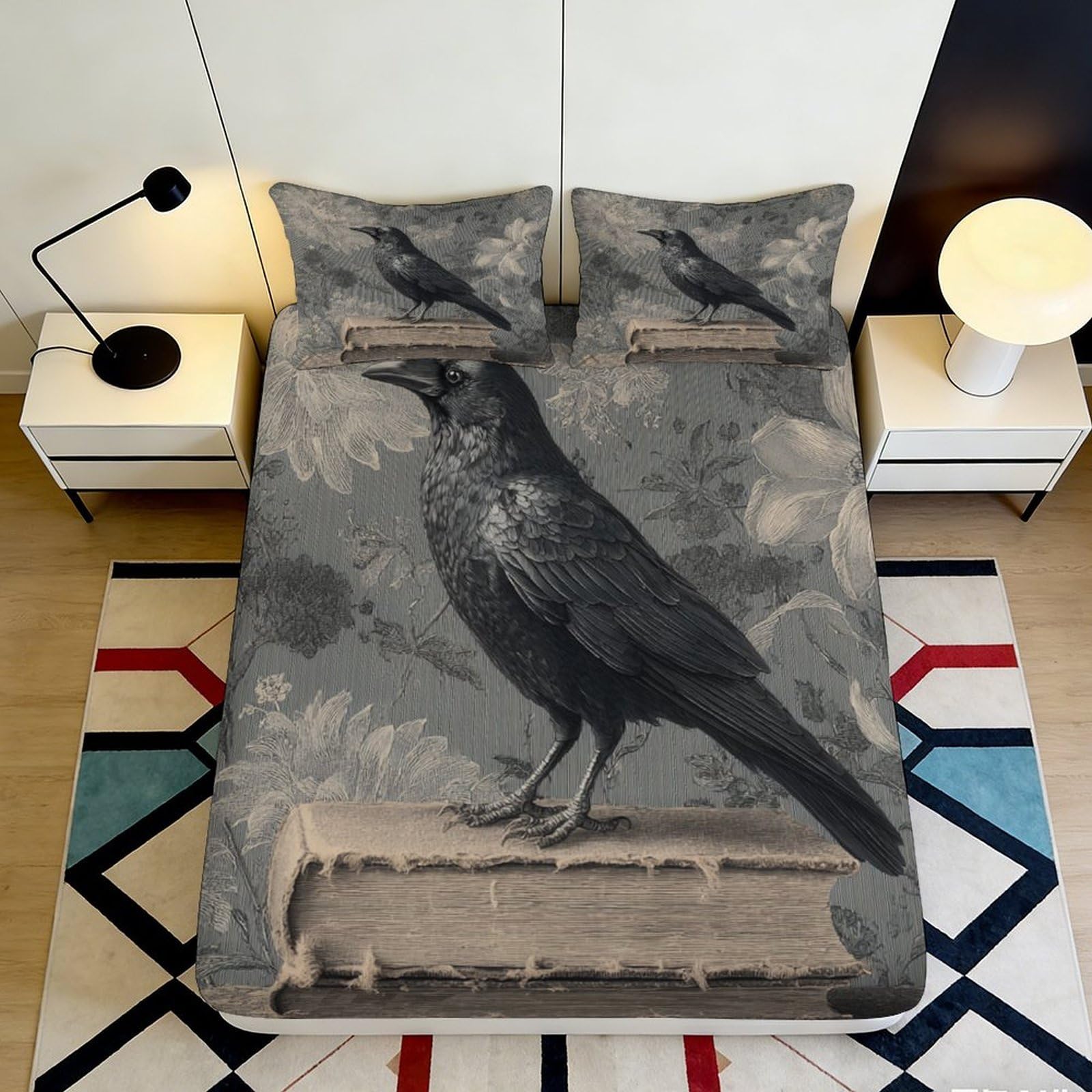 3D Printed Gothic Raven Fitted Sheet Microfiber Soft Breathable Vintage Crow Bed Cover for Bedroom Dorm Decor 90x200x25cm