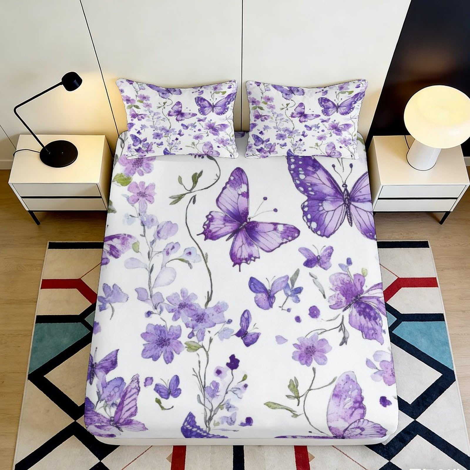 Decorative Purple Butterfly Fitted Sheet 3D Printed Soft Touch Microfiber Bed Cover for Bedroom Apartment Guest Room Bedding Set 90x200x25cm