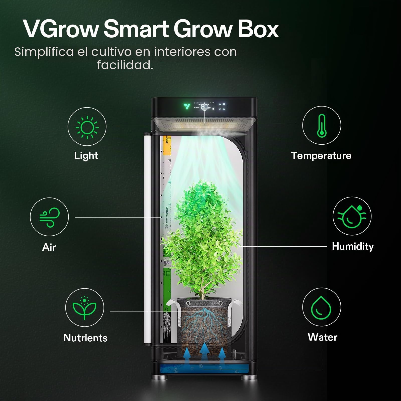 VIVOSUN VGrow Caja de Cultivo Inteligente Todo en Uno, Sistema con Luz de Cultivo Samsung LM301H EVO, Sistema Avanzado de Circulación y Ventilación, Riego, Ventana Magnética, Hidroponía Interior
