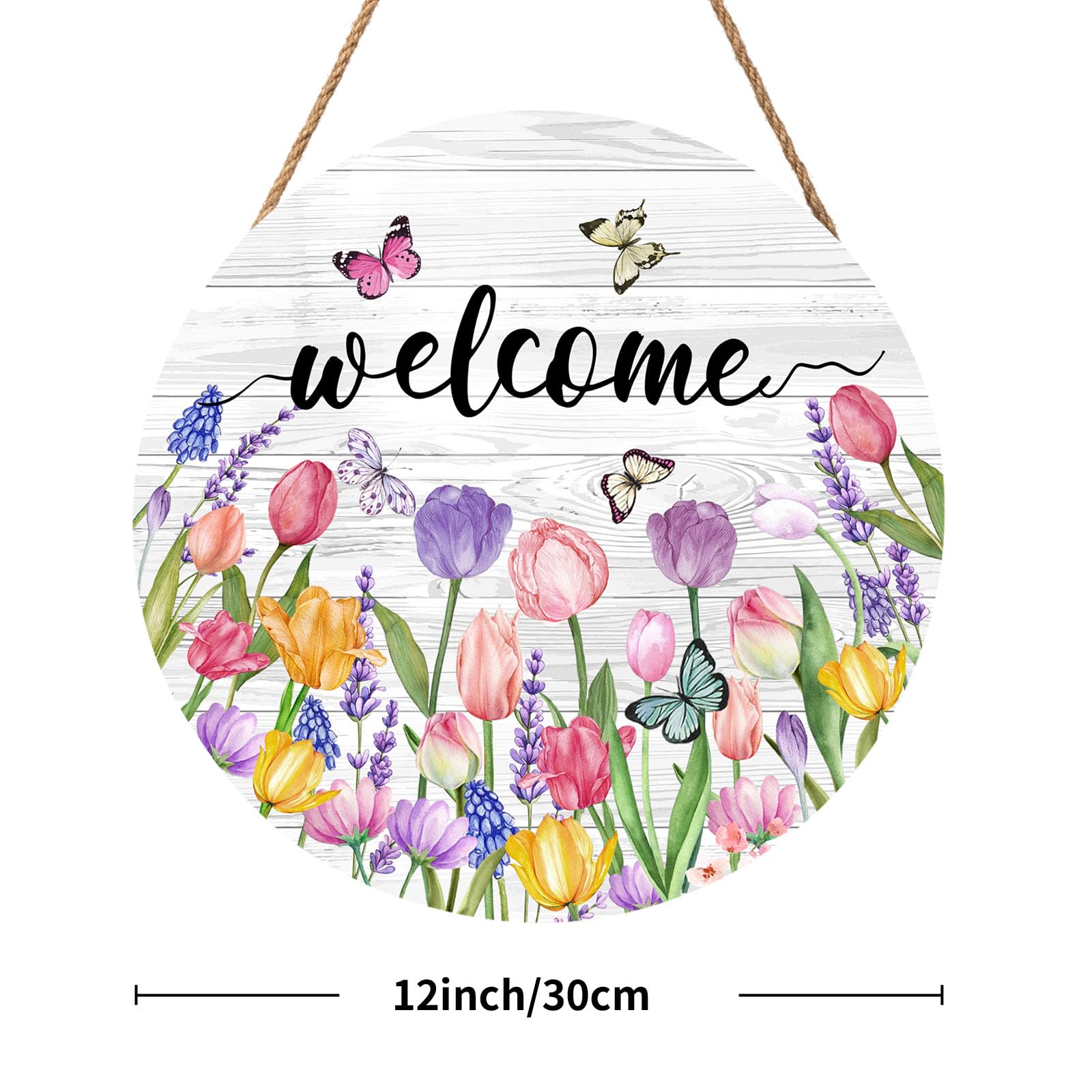 Welcome Spring Summer Tulip Flower Door Sign For Front Door Decor,Floral Butterfly Wooden Sign 12