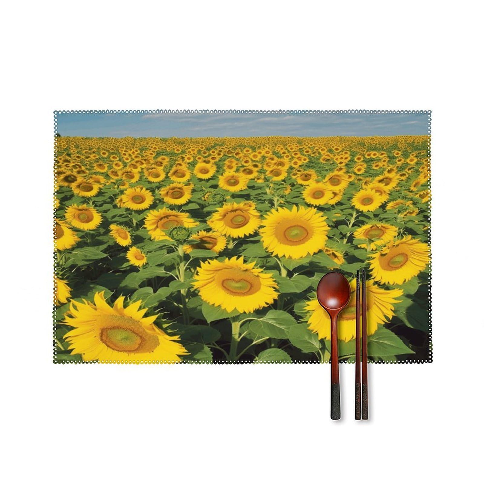 Many Beautiful Sunflowers Placemats Set of 6 Heat Resistant Non-Slip Place Mats Washable Wipeable Table Mats Elegant Farmhouse Placemat for Kitchen Dining Outdoor Party Table Decor