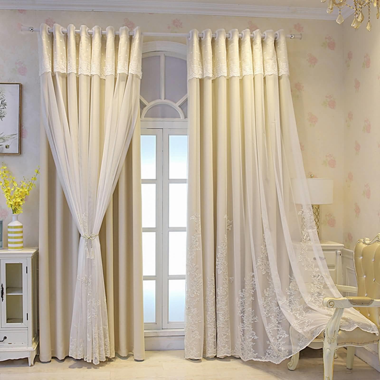 Beydodo Blackout Curtains 95 Inch Length, Darkening Curtains for Bedroom 2 Panels Set with Grommets, Beige with Flowers Embroidered Yarn, Polyester,