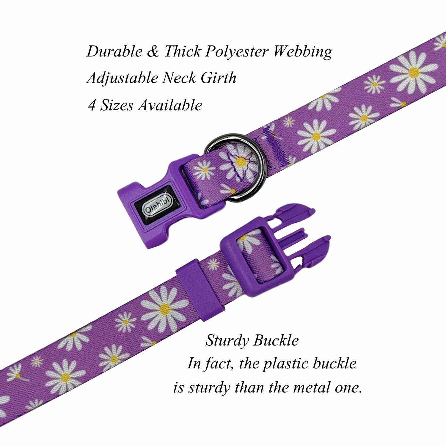 Olahibi Dog Collar and Leash Combo Set, Floral Pattern, Polyester Material, 150CM Matching Leash, for Small Dogs.(S, Purple Daisy) - Image 4