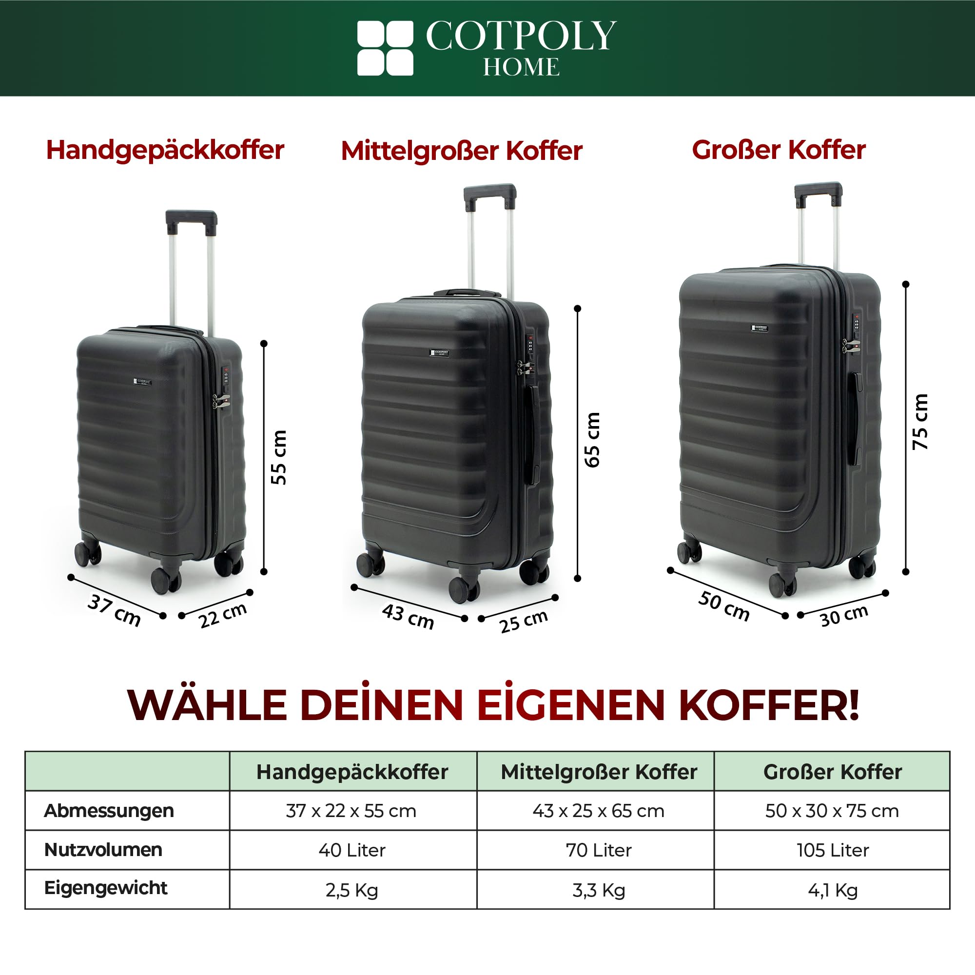 BABIL Hartschalen Koffer & Kofferset Handgepäck, Mittel & Groß, ABS Reisegepäck mit 4 Rollen 360° Spinner, Zahlenschloss, Leicht & Robust (Anthracite, 3er Set)