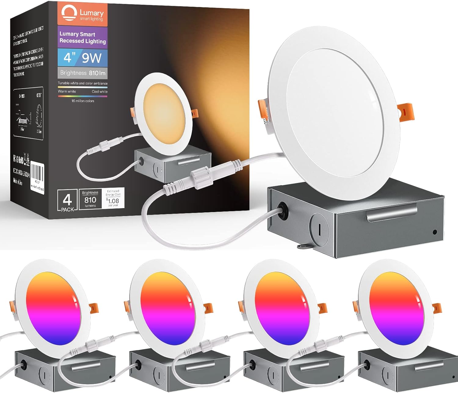 Lumary 4 Pack 6 Inch Ultra-Thin Smart WiFi Recessed Lighting, Canless Downlight, RGBWW Color Changing Lights with Junction Box Work with Alexa/Google Assistant