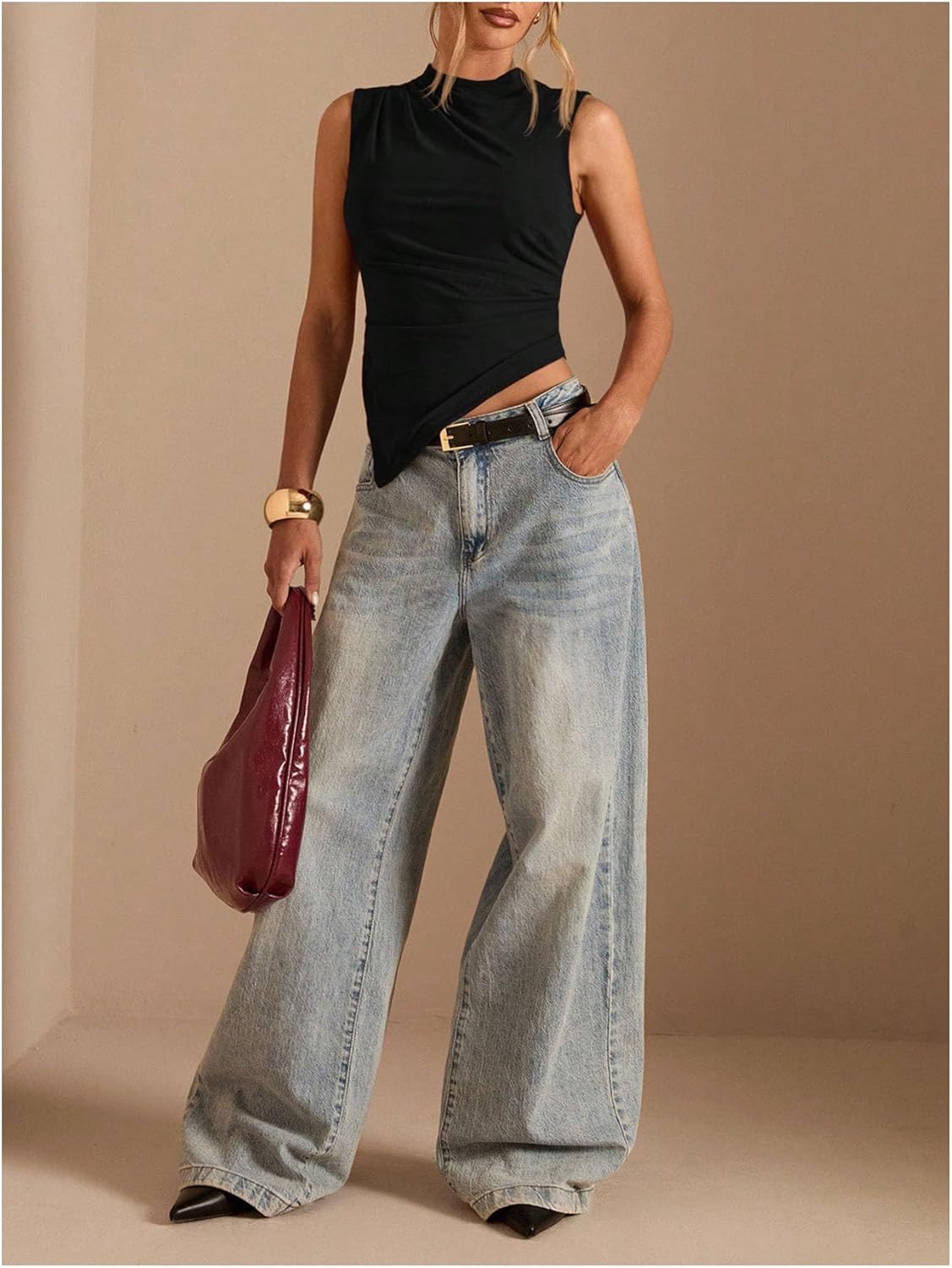 Floerns Women's Mock Neck Tank Top Ruched Hanky Hem Sleeveless Going Out Tops - Image 5