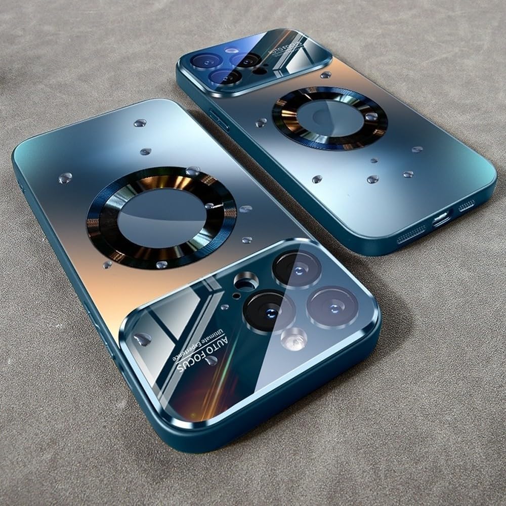 Luxury Glass Camera Magnetic Wireless Charge Case for iPhone 11 12 13 14 15 16 17 Pro Max Air Plus Shockproof Cover,Blue,for iPhone 17ProMax