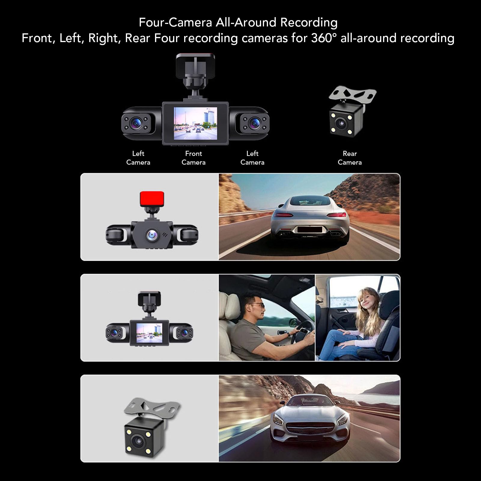 Luocute Caméra de Tableau de Bord à 4 Canaux, Caméra Avant Arrière Gauche Droite 1080P, Vue à 360 Degrés, écran de 2,0 Pouces pour Voitures, Camions, SUV, avec Enregistrement en Boucle