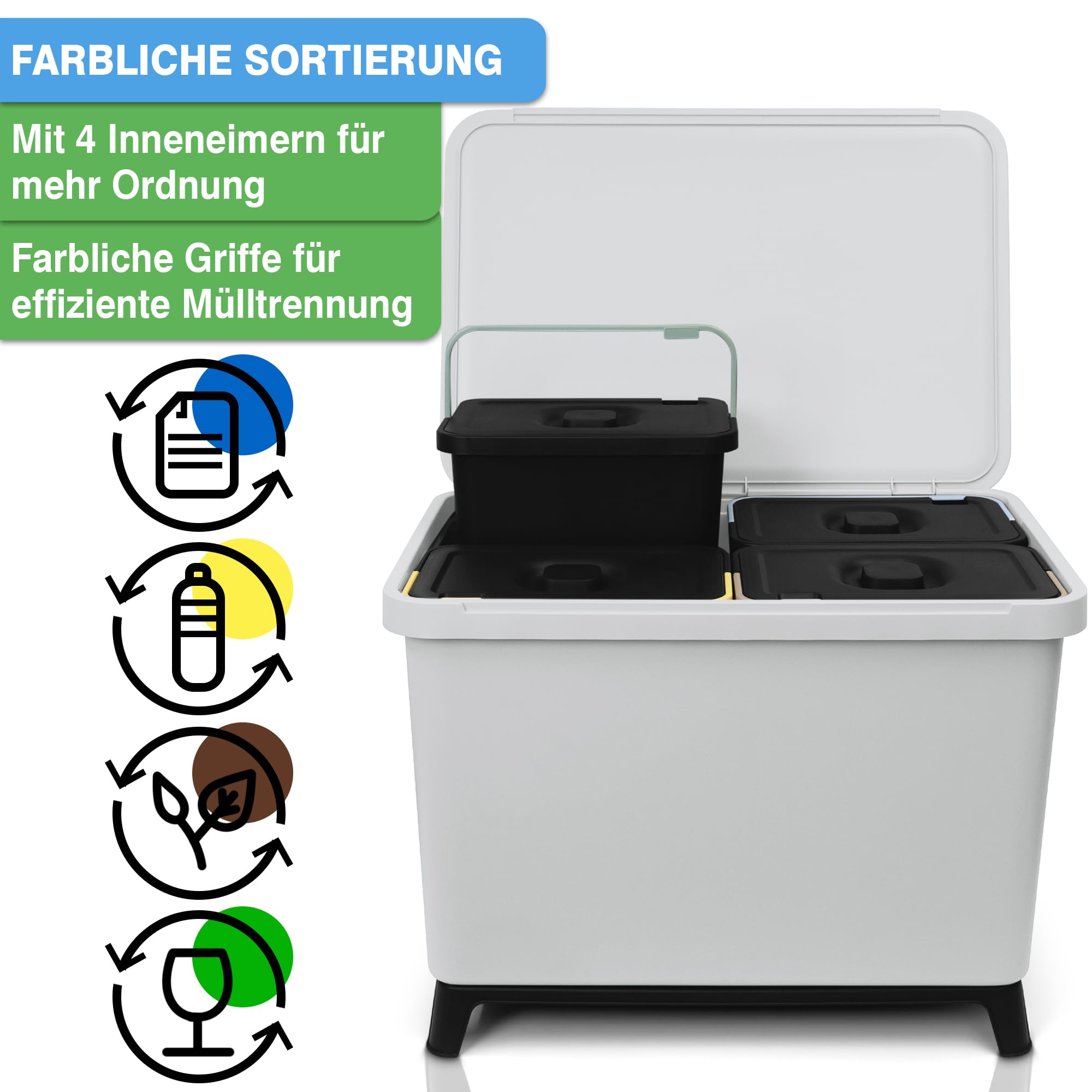 YourCasa® Cubo de basura con 4 compartimentos [40 L] en diseño exclusivo sistema de separación de basura, cubo de basura para cocina con 4 cubos extraíbles de 10 l (gris claro, 40 litros)