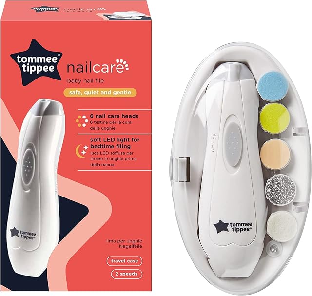 Tommee Tippee Elektryczny obcinacz do paznokci dla dzieci, akumulator, 6 w 1 ze światłem LED, bezpieczny i cichy silnik, zestaw manicure dla niemowląt i dorosłych, 0-12 miesięcy+