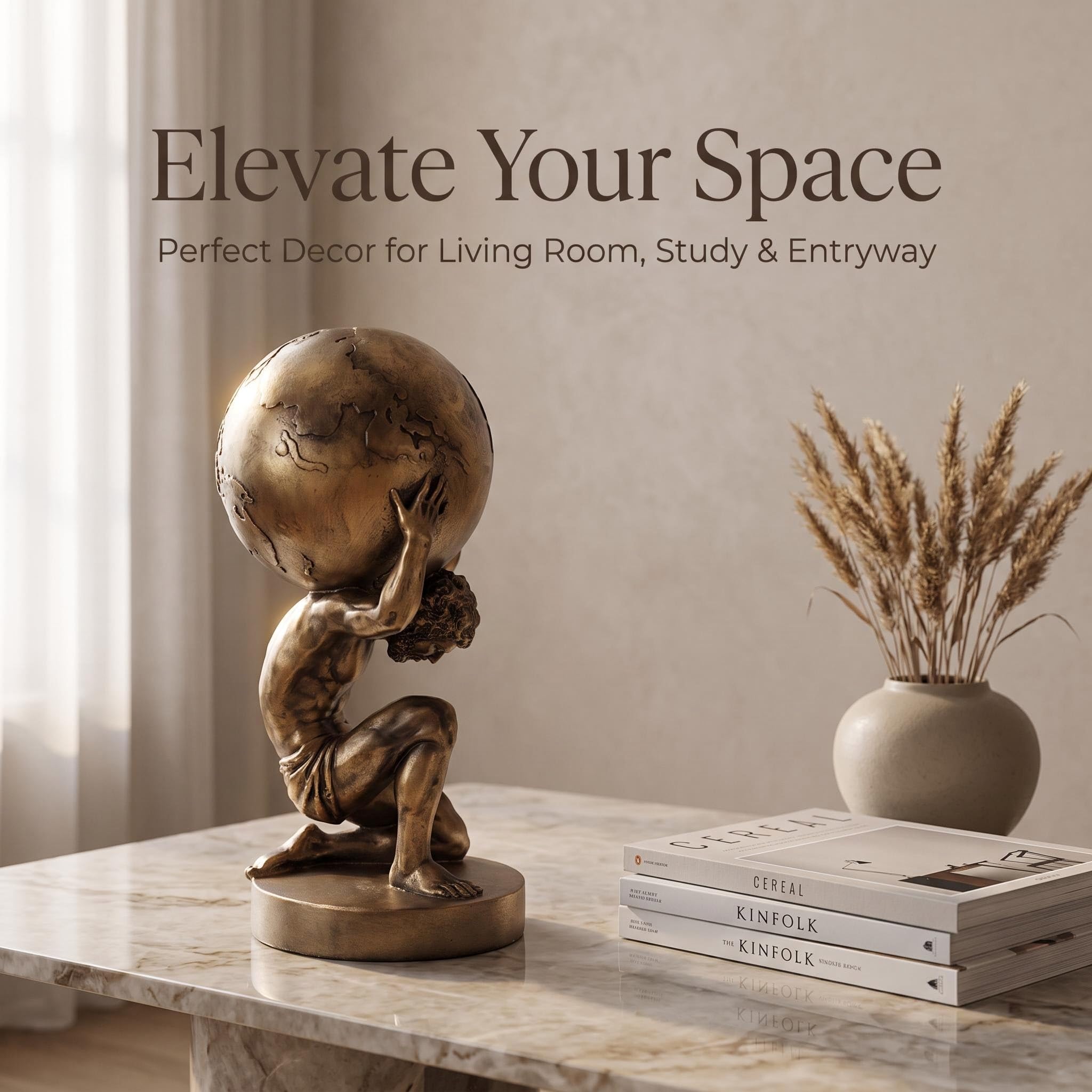 Antiker goldener Atlas-Skulptur, Figurenstatue, Harzfigur für Wohnzimmer, Tisch, Regal, Büro, Schreibtisch