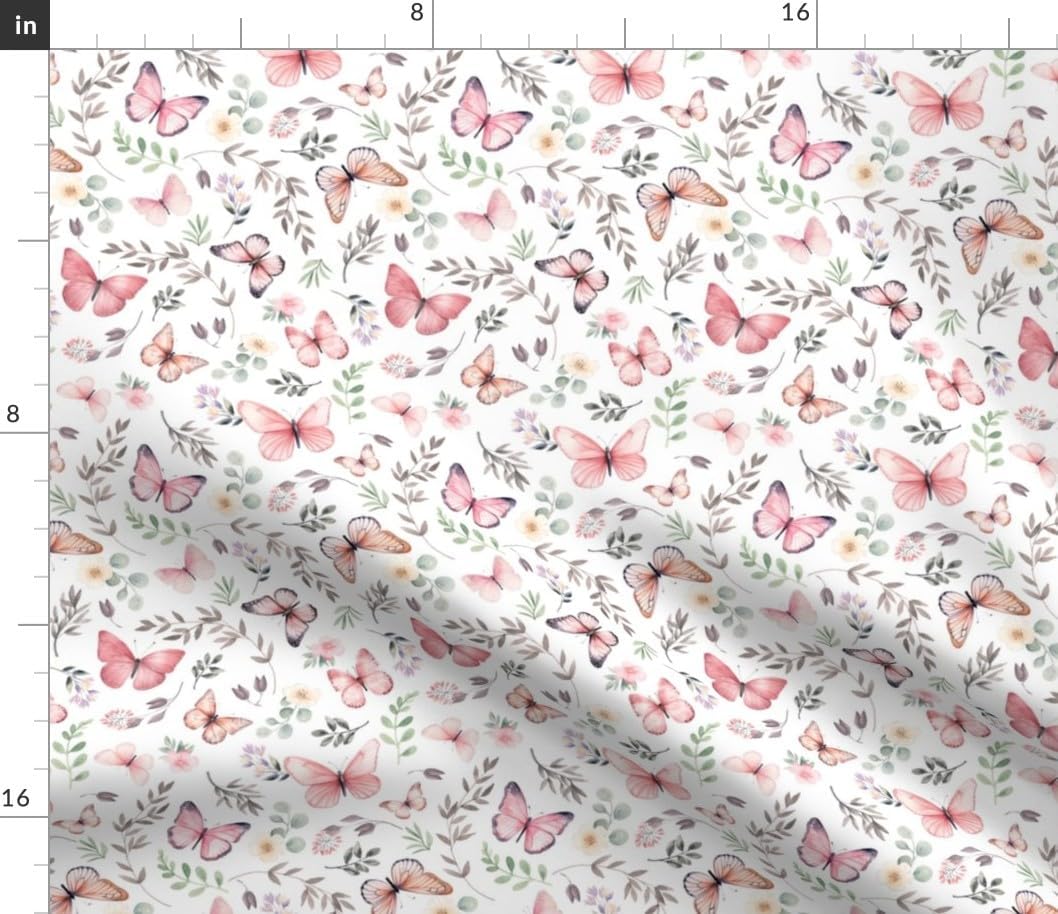 Spoonflower Fabric - Pink Butterflies Small Scale Spring Garden Floral Feminine Nursery Printed on Petal Cotton Fabric Fat Quarter - Sewing Quilting Apparel Crafts Decor