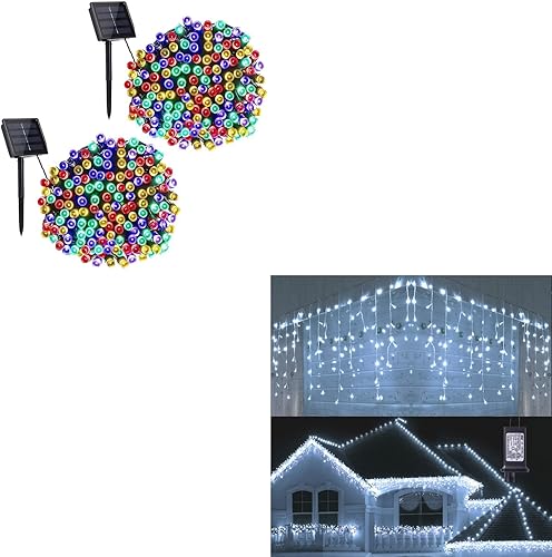 Toodour Paquete de 2 luces solares de Navidad de 200 LED de 72 pies y 360 luces LED de carámbano de Navidad de 29.5 pies