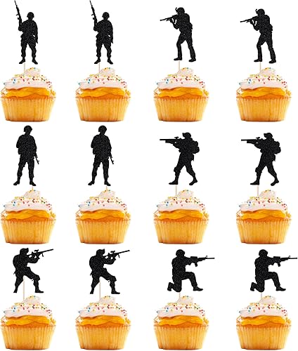 Miniatura 8 de Decoración para tartas de cumpleaños con purpurina negra, temática militar de soldado, decoración de pastel de feliz cumpleaños, fiesta militar de