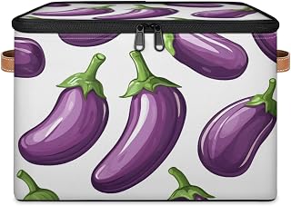Eggplant Storage Bins with Zipper Lid Closet Shelf Clothes Organizer Container Foldable Storage Boxes Baskets with Leather Handles