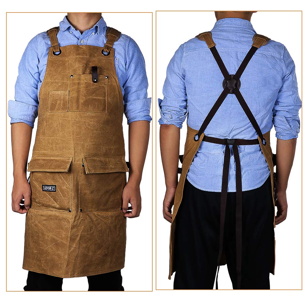 Tablier de travail pour hommes,Tablier de Soudure avec 8/10 Poches,tablier à outils en toile cirée robuste pour charpentier,menuisier avec sangles croisées dans le dos,réglable M à XXL,brun