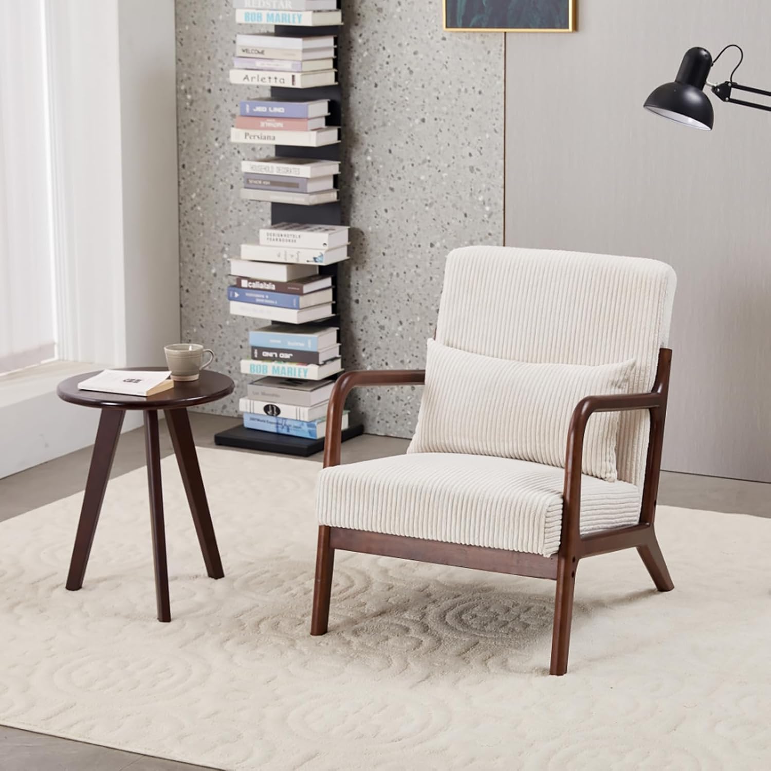 Modern Accent Chair & Coffee Table Set, Antique Dark Gray Upholstered Leisure Chair with Solid Rubberwood Frame and Walnut-Tone Side Table, Vintage Luxury Living Room or Bedroom Furniture Set