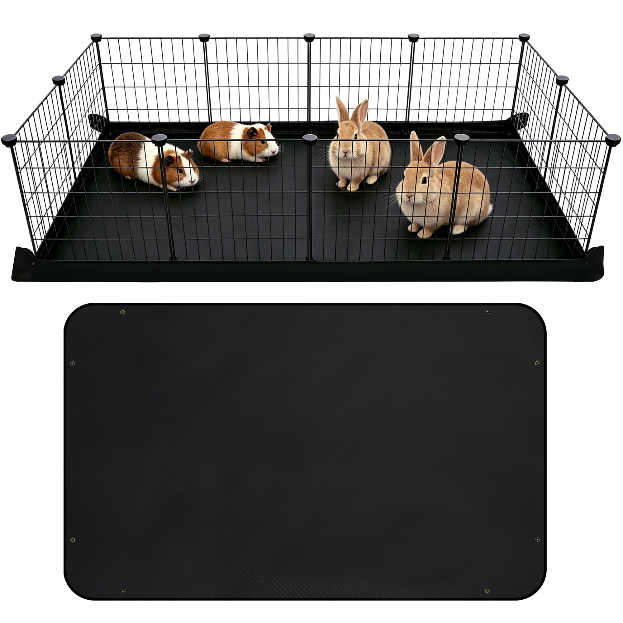 Waterproof PVC Guinea Pig Cage Liner Mat with Buttons, 150x100cm Black Washable Playpen Floor Pad for C&C Cages, Rabbit Hutch & Rabbit Run Cage Liners, for Rabbits, Bunnies, Ferrets & Small Animals