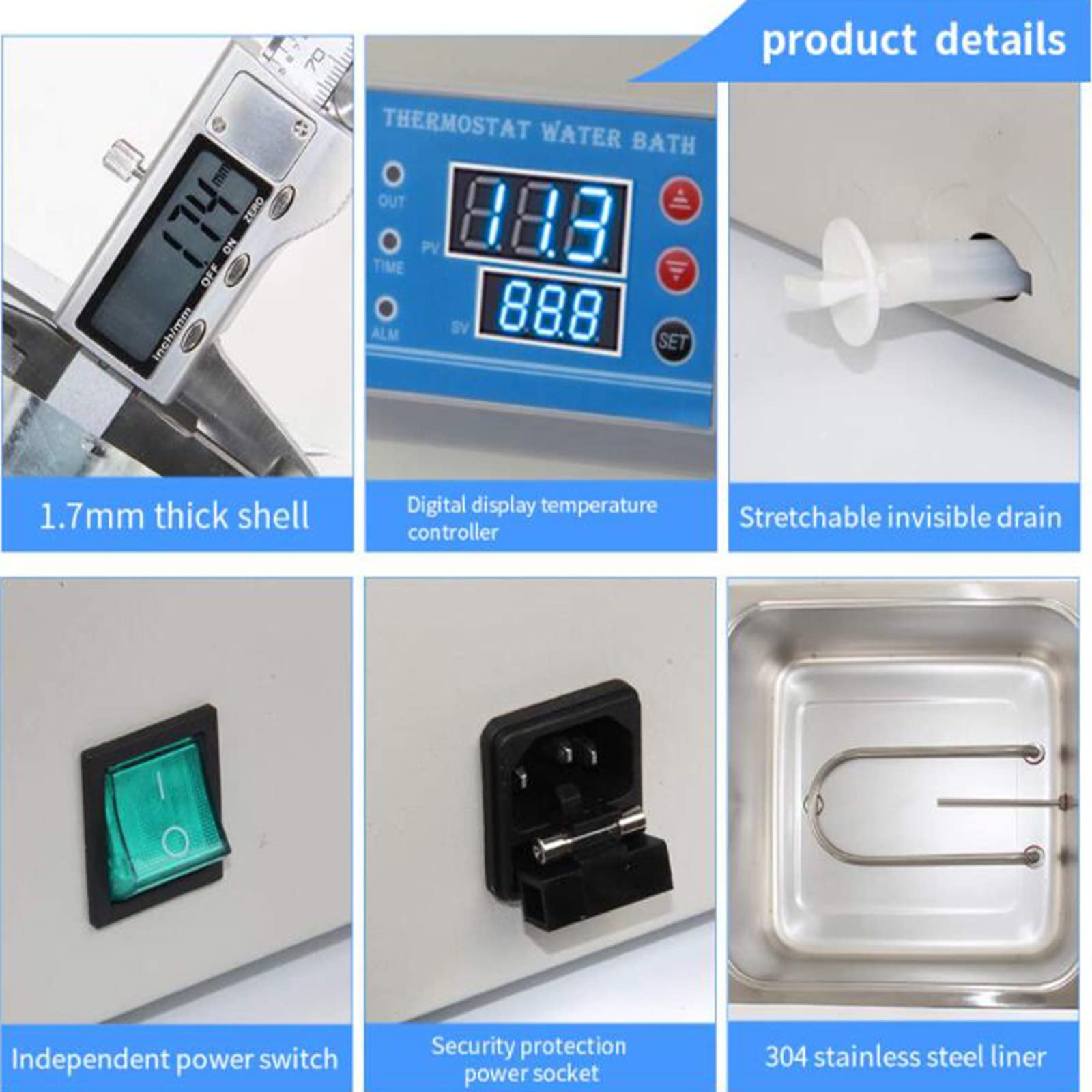 BañO de Agua TermostáTico Digital,Tanque Interno de Acero Inoxidable,Temperatura Ambiente A 99.9°C,Panel OperacióN con Pantalla Digital LCD,Caja Calentamiento de BañO Agua Anti-Seca,6holes
