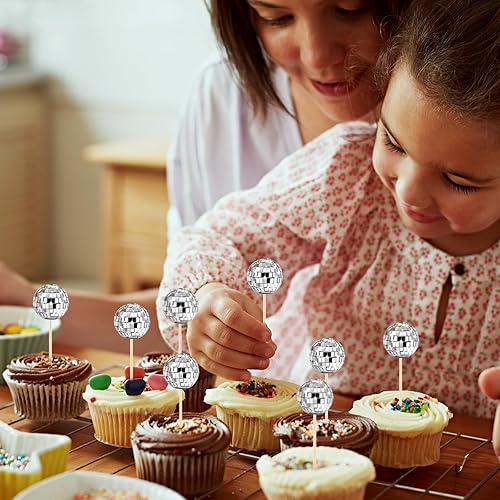 Miniatura 4 de 15 adornos de bola de discoteca para cupcakes, palillos brillantes para cumpleaños, decoración de pasteles de bola de discoteca, decoraciones